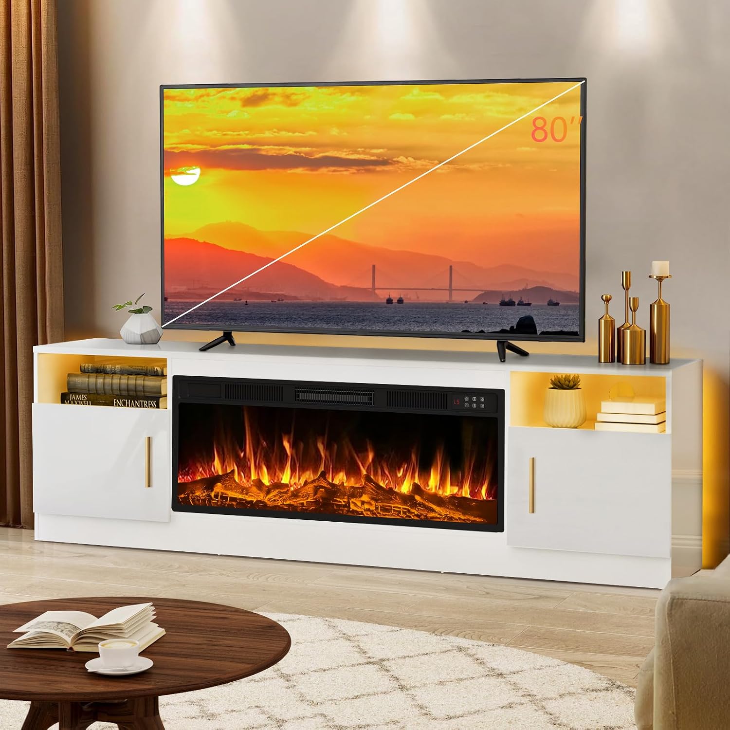 Lemberi Fireplace TV Stand with 36' Electric Fireplace, Fits TVs Up to 80', 70' LED Lit Entertainment Center, Modern High Gloss Wood with Spacious Storage Cabinet for Living Room, White