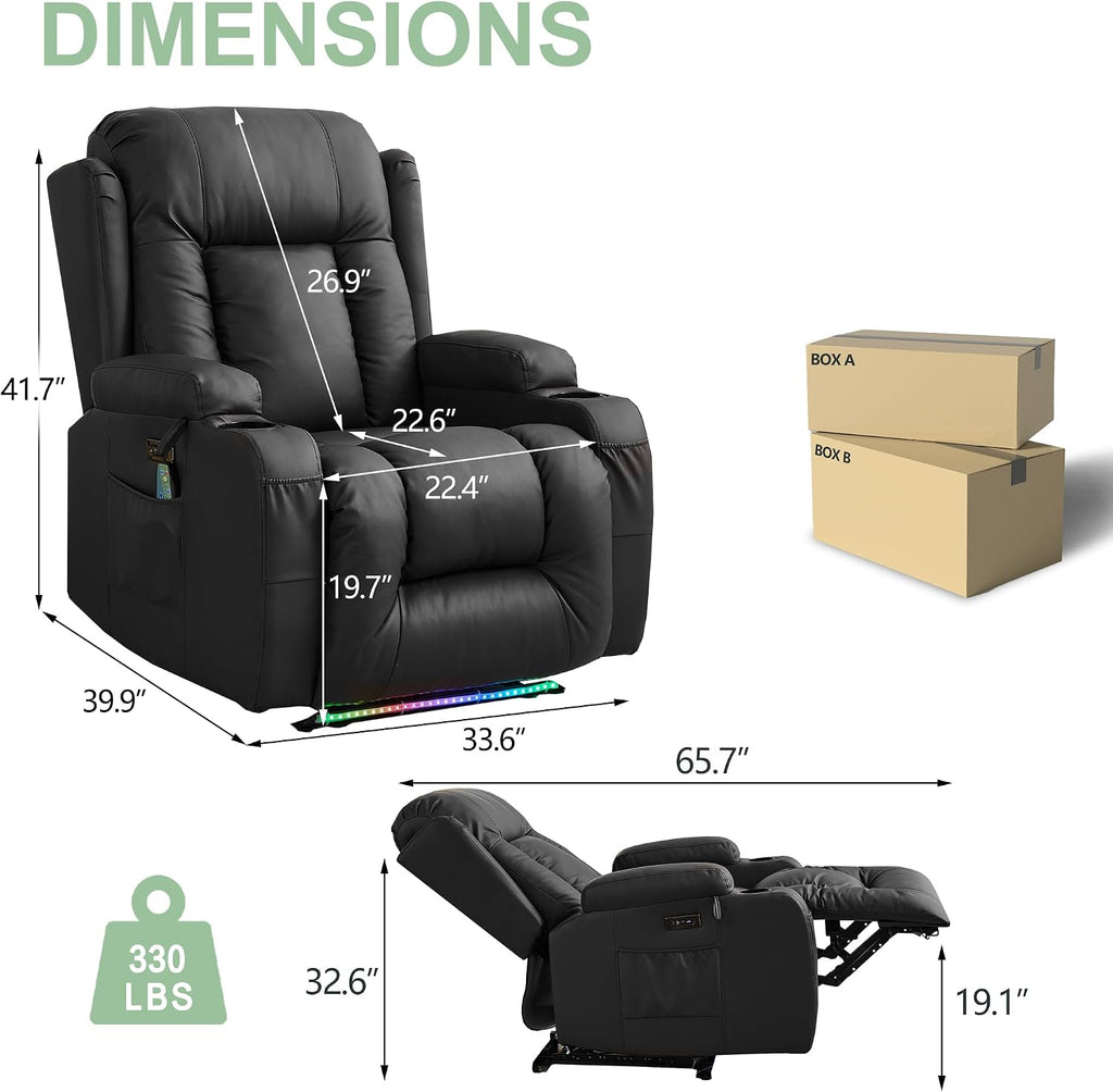 TUNYI Power Recliner Sofa with Massage & Heat Home Theater Seating with Console RV Recliner Sofa with USB/Storage/Side Pocket/LED Light (Black, 1PC)