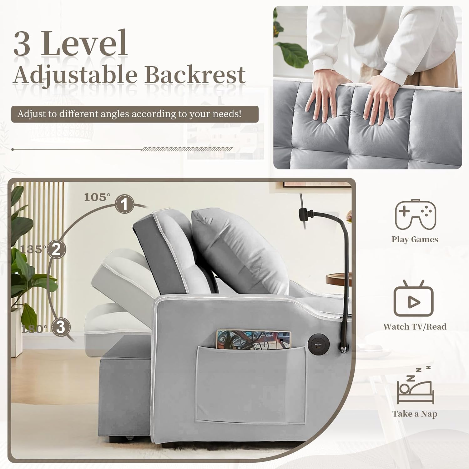 Convertible Sleeper Sofa Chair Bed, 3 in 1 Velvet Single Small Futon Sofa Bed with Phone Holder & USB Ports,Pull Out Couch Recliner with Adjustable Backrest for Living Room, Office, Small Place(Grey)