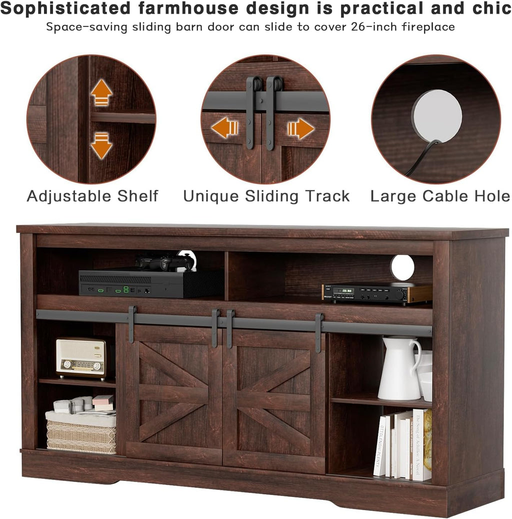 YESHOMY Fireplace TV Stand for Television up to 65+ Inch with Storage and Farmhouse Sliding Barn Doors, Entertainment Center with Cabinet and Shelves, Media Console for Living Room, Dark Brown