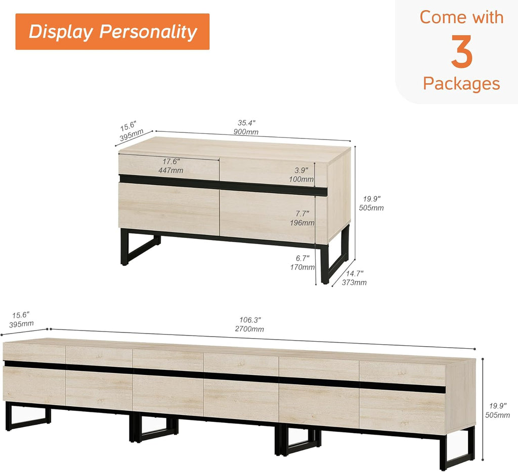 WAMPAT Modern TV Stand for 32-110 Inch TVs, Wood Entertainment Center with Metal Base Storage Cabinets, Media TV Console for Living Room, Light Oak, 3Pcs