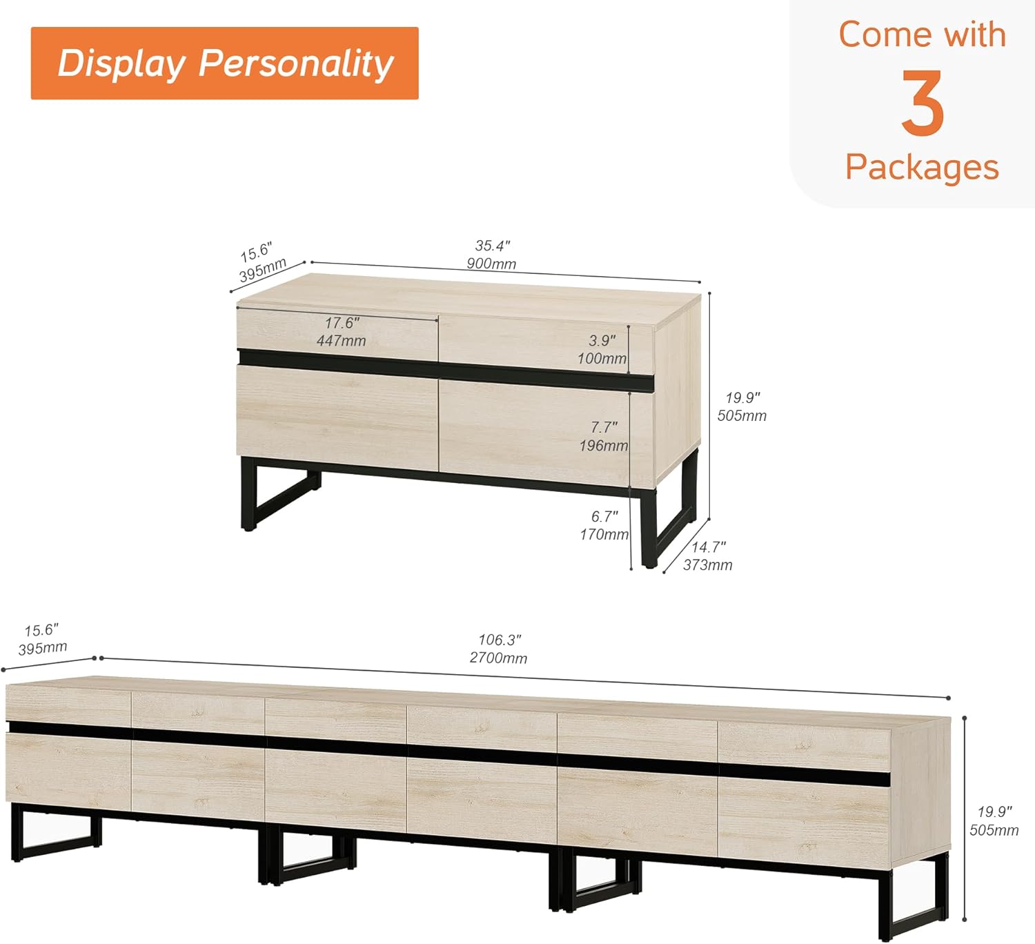 WAMPAT Modern TV Stand for 32-110 Inch TVs, Wood Entertainment Center with Metal Base Storage Cabinets, Media TV Console for Living Room, Light Oak, 3Pcs