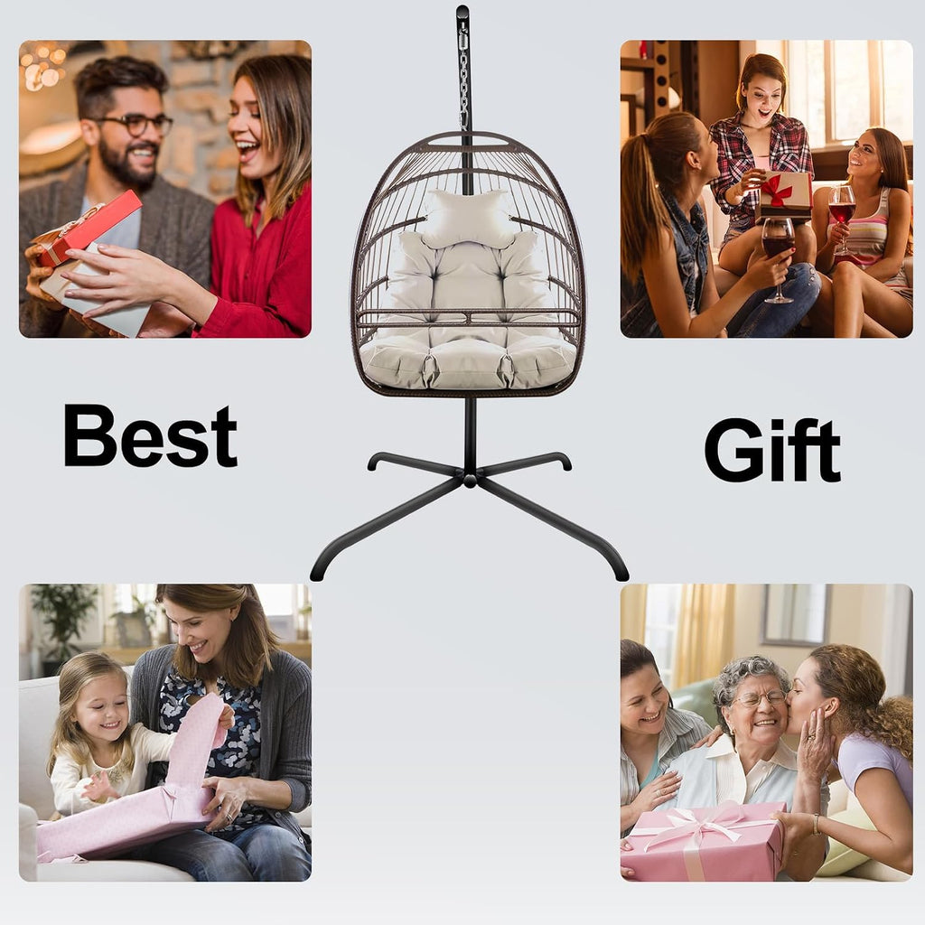 JESE Swing Egg Chair with Stand Wicker Wrap Frame UV Resistant Waterproof Cushion Hanging Chairs with Cup Holder 350lbs Capacity Swing Hammock Chairs for Patio Bedroom Indoor Outside-Khaki