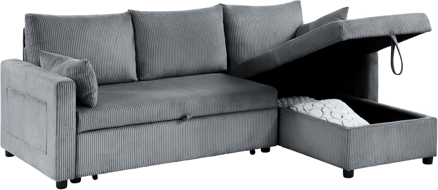 Queen Sleeper Sofa, Convertible Sofa Bed with Storage, 85 Inch Sectional Couch with Pull Out Bed, L Shaped 3 Seat Sectional Sleeper Sofa for Living Room, Apartment, Grey