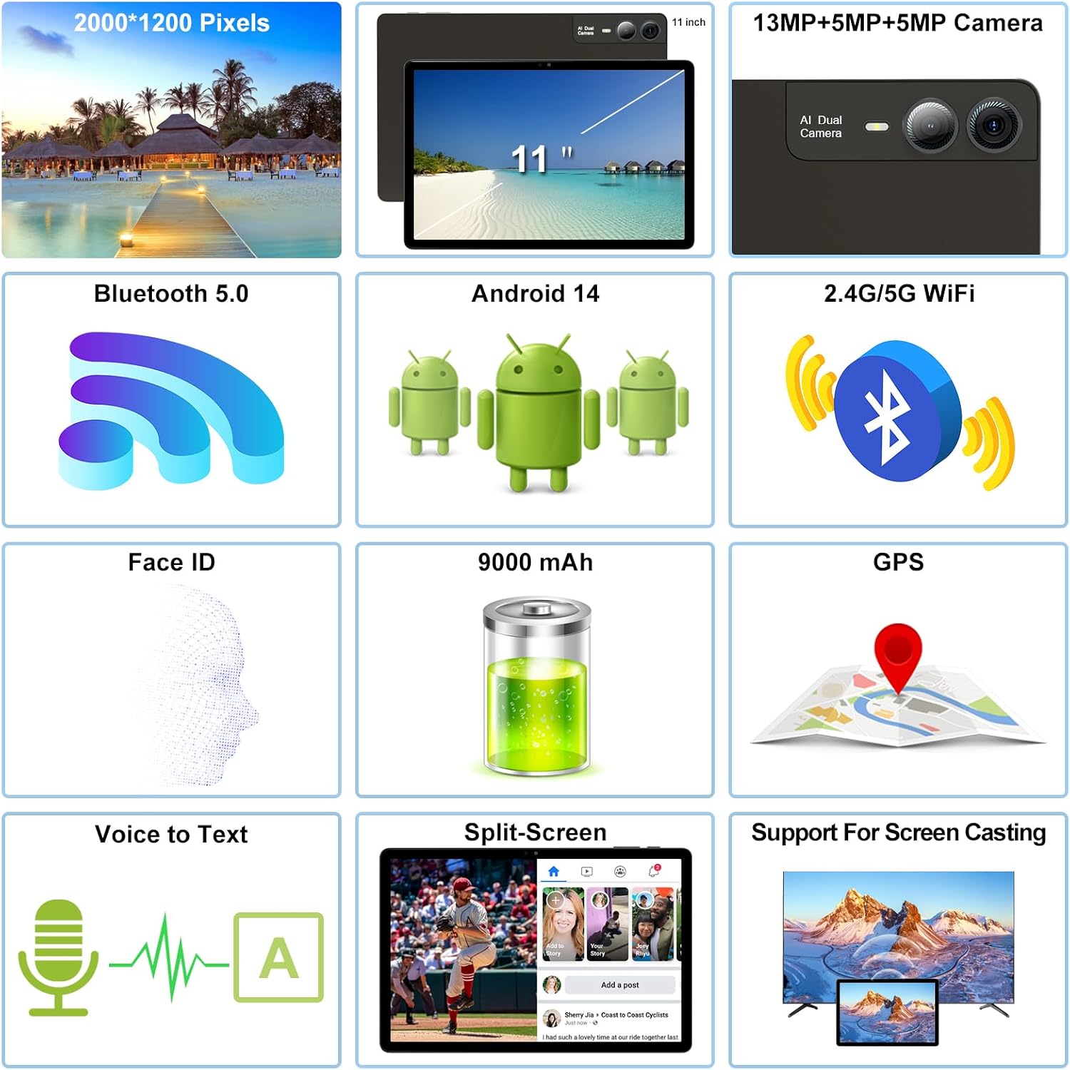 2026 Latest 11 inch Android Tablet, 18GB RAM 128GB ROM, 1TB Expandable, 2K Display, T616 Octa-Core, 13MP+5MP+5MP Camera, 9000mAh Battery, GPS, Face ID, Quad Speakers, Tablet with Keyboard and Pen