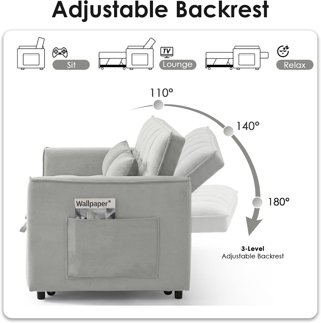 3 in 1 Convertible Sleeper Sofa Bed, 55' Pull Out Couches, Modern Loveseat Sleeper Sofa with Adjustable Reclining Backrest & Side Pockets for Living Room, Velvet Fabric, Grey