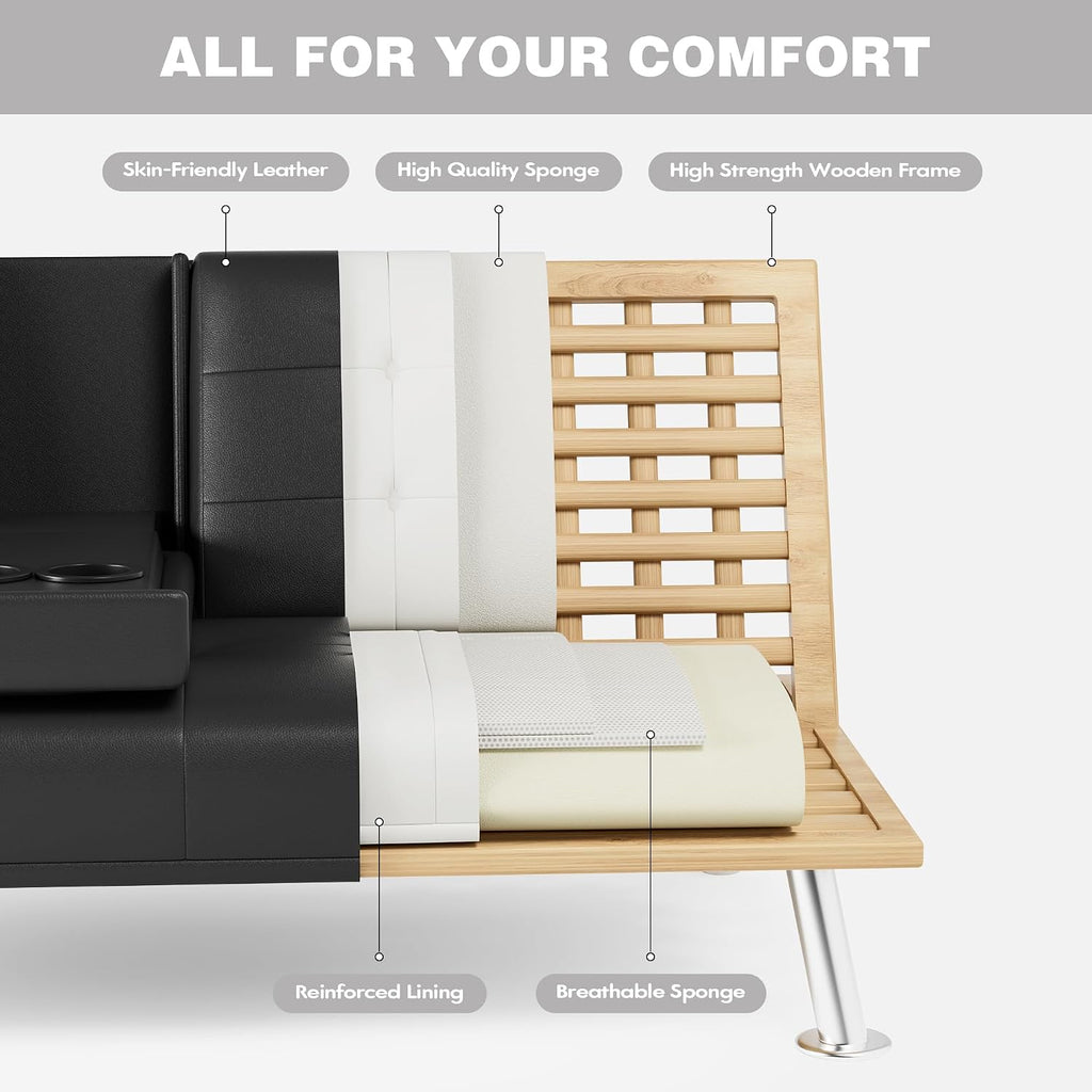 JUMMICO Faux Leather Futon Sofa Bed Futon Couch with Removable Armrests Adjustable Sleeper Sofa Bed with 2 Cup Holders for Living Room (PU Leather, Black)