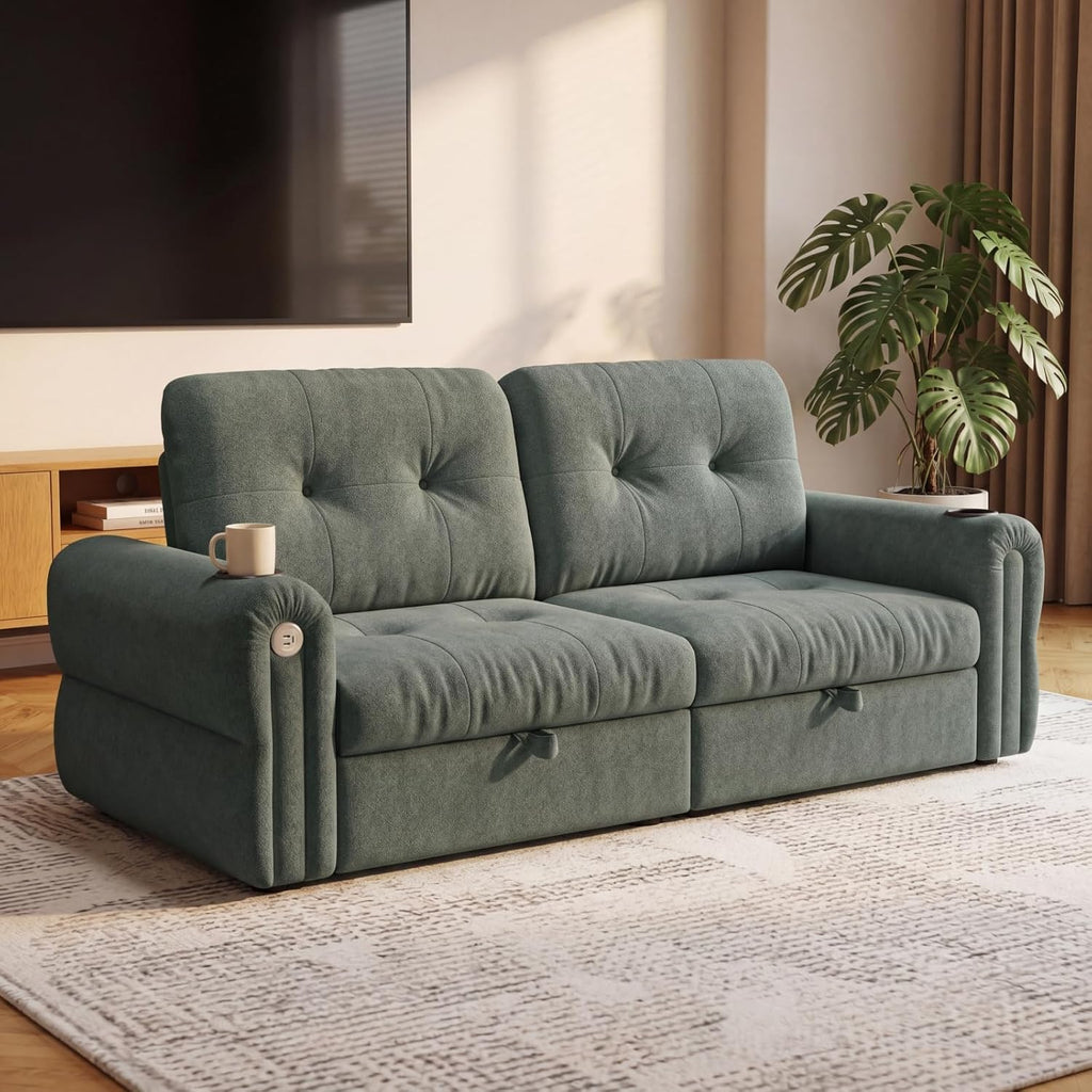 Convertible Couches, Queen Size Pull Out Sofa Bed with USB Charging Port and Cup Holders, Plannelette Fabric Convertible Sofa Bed for Small Space, Living Room, Apartment, Guest Room, Green