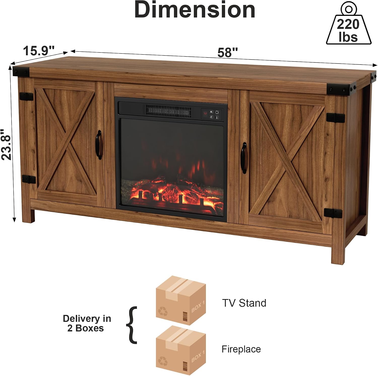 Furmax Fireplace TV Stand for Up to 65 Inches TVs, Farmhouse Entertainment Center with Grooved Barn Doors, Rustic Media Console Table with Storage Cabinets for Living Room (Barnwood)