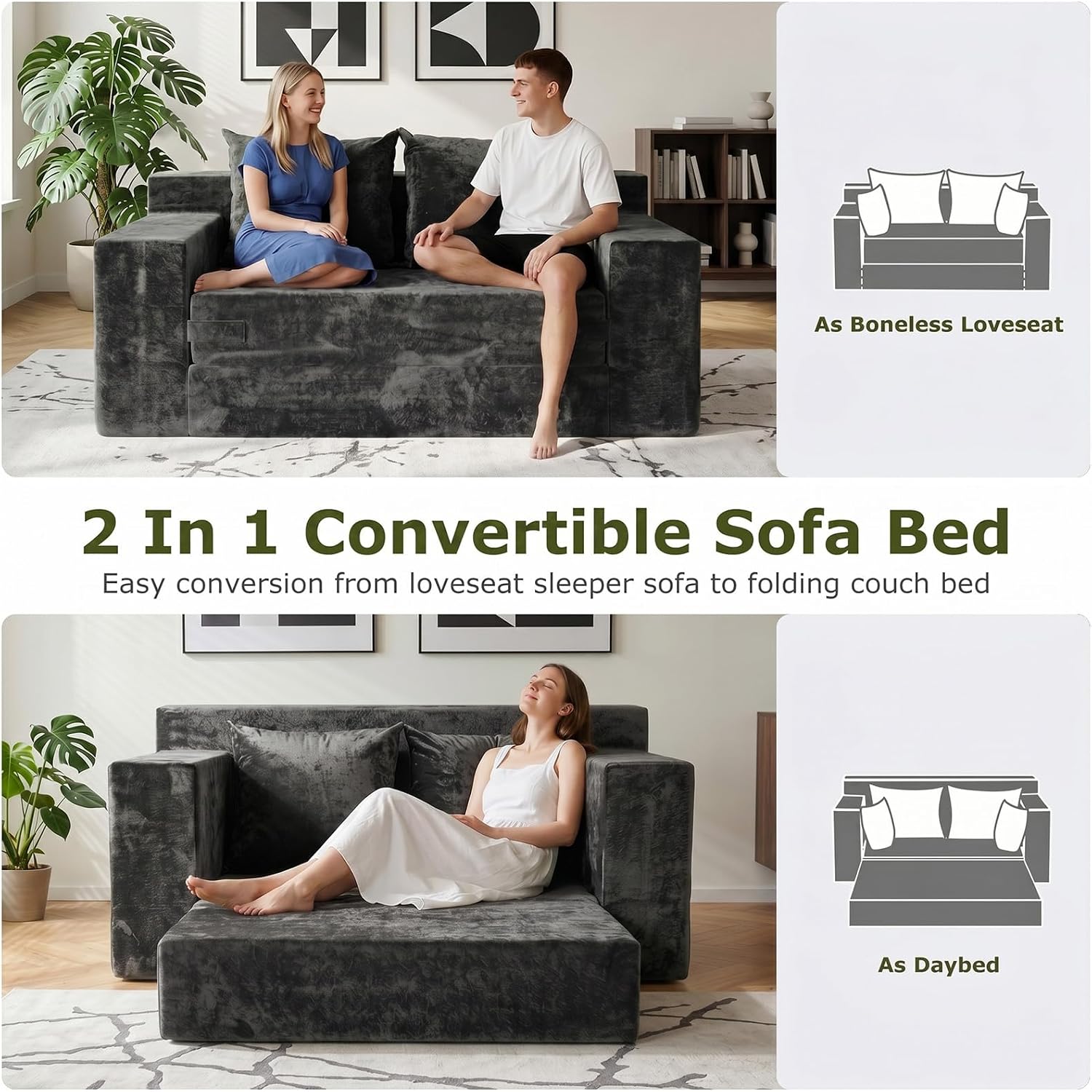 Boneless Couch Loveseat Sleeper, Convertible Sofa Bed Folding Couch Bed, Boneless Chair Bed & Futon Sofa Bed, Small Pull Out Couch Foldable with 4 Pillows for Living Room, Dark Grey