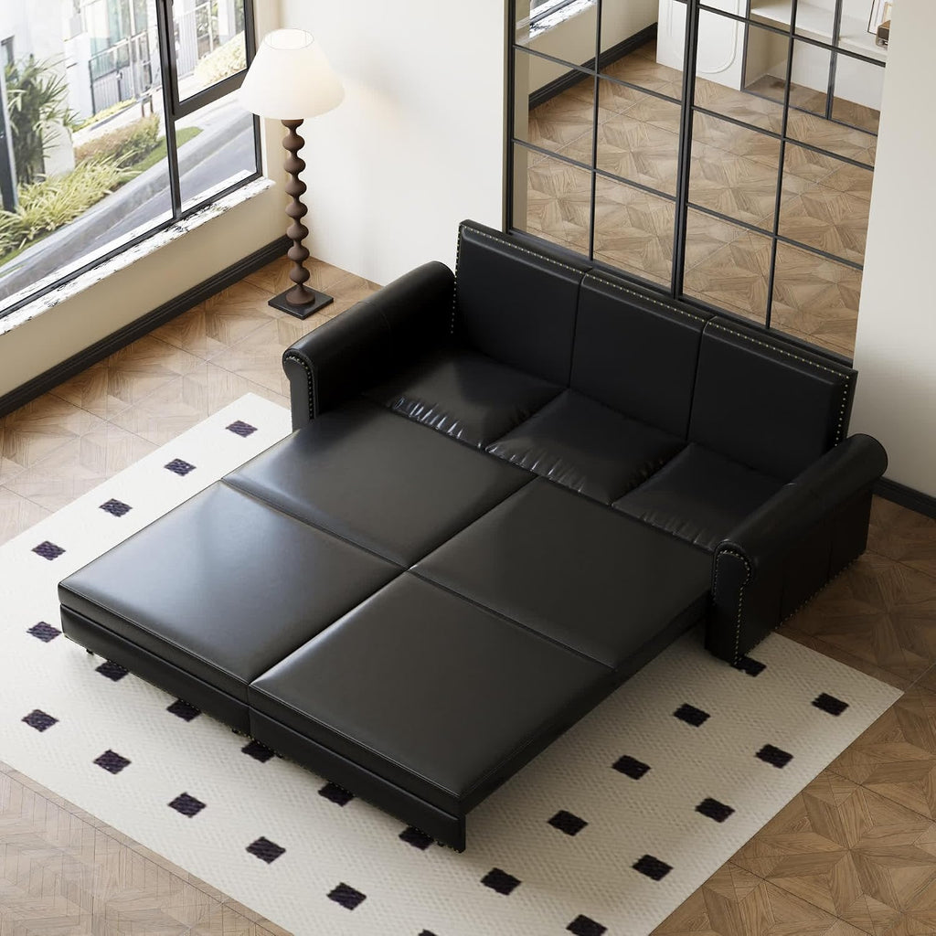 93.7' King Pull Out Sofa Bed, Faux Leather Sleeper Sofa Couch, 3 in 1 Convertible Futon Couches for Living Room, Small Space, Apartment, Office, Bedroom, Modern Rivet Armrest, Black