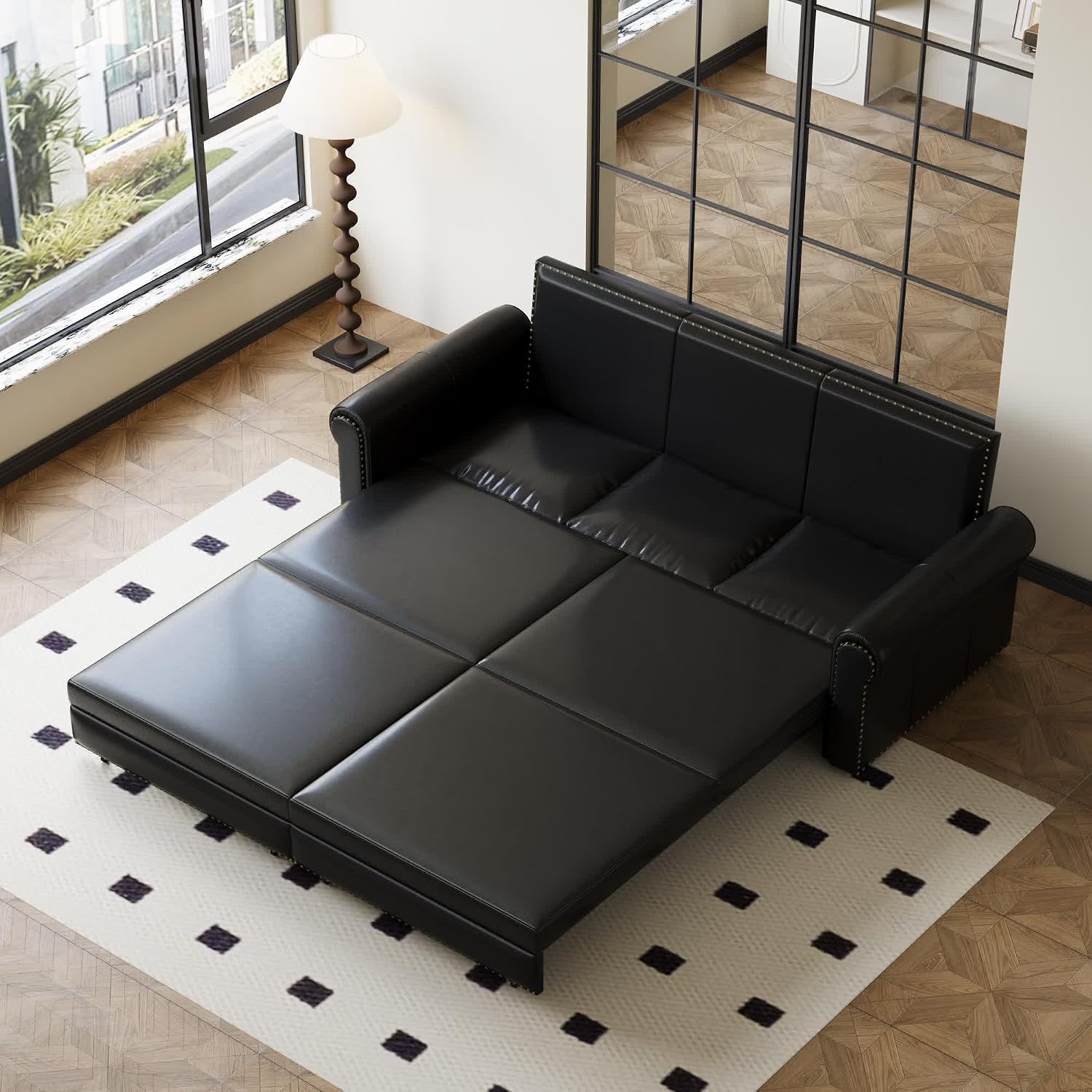 93.7' King Pull Out Sofa Bed, Faux Leather Sleeper Sofa Couch, 3 in 1 Convertible Futon Couches for Living Room, Small Space, Apartment, Office, Bedroom, Modern Rivet Armrest, Black