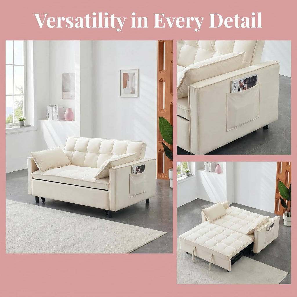 3 in 1 Convertible Sofa Bed, Loveseat Sleeper Sofa with Large Side Pockets, Pull Out Couch with Adjustable Backrest, Easy Assembly, Velvet Couch Bed for Small Spaces, Apartment, White