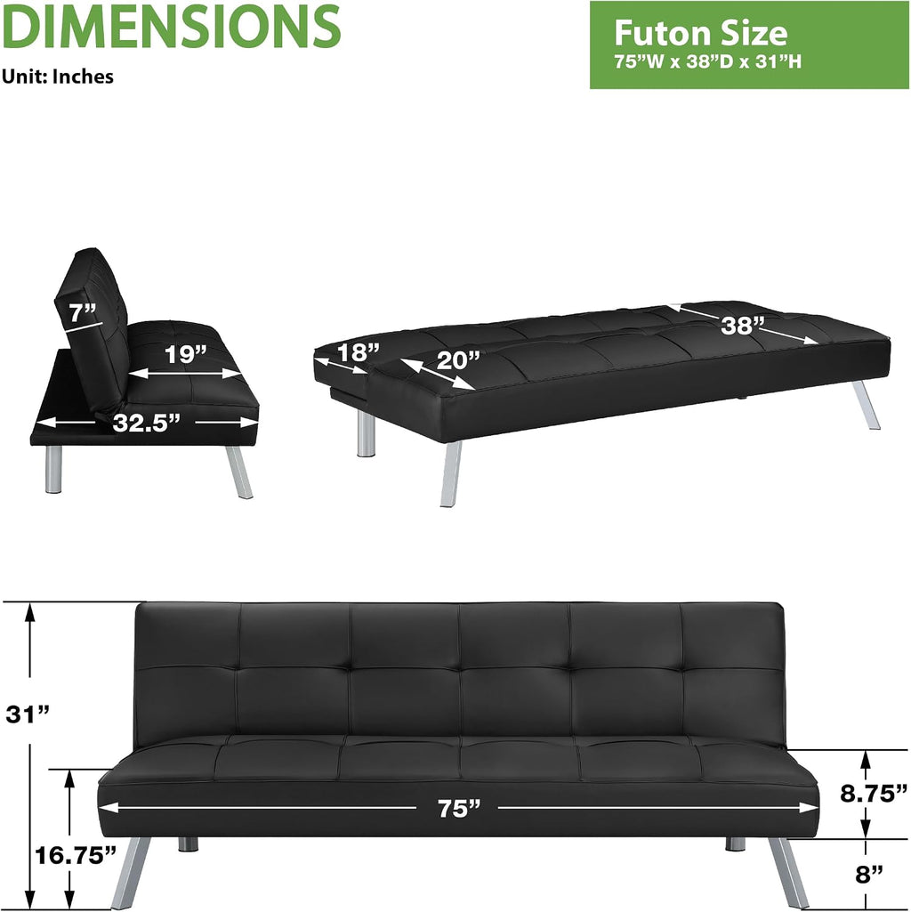 OSP Home Furnishings Kenneth Modern Button Tufted Convertible Click-Clack Futon Sofa Bed, Black Faux Leather with Chrome Legs