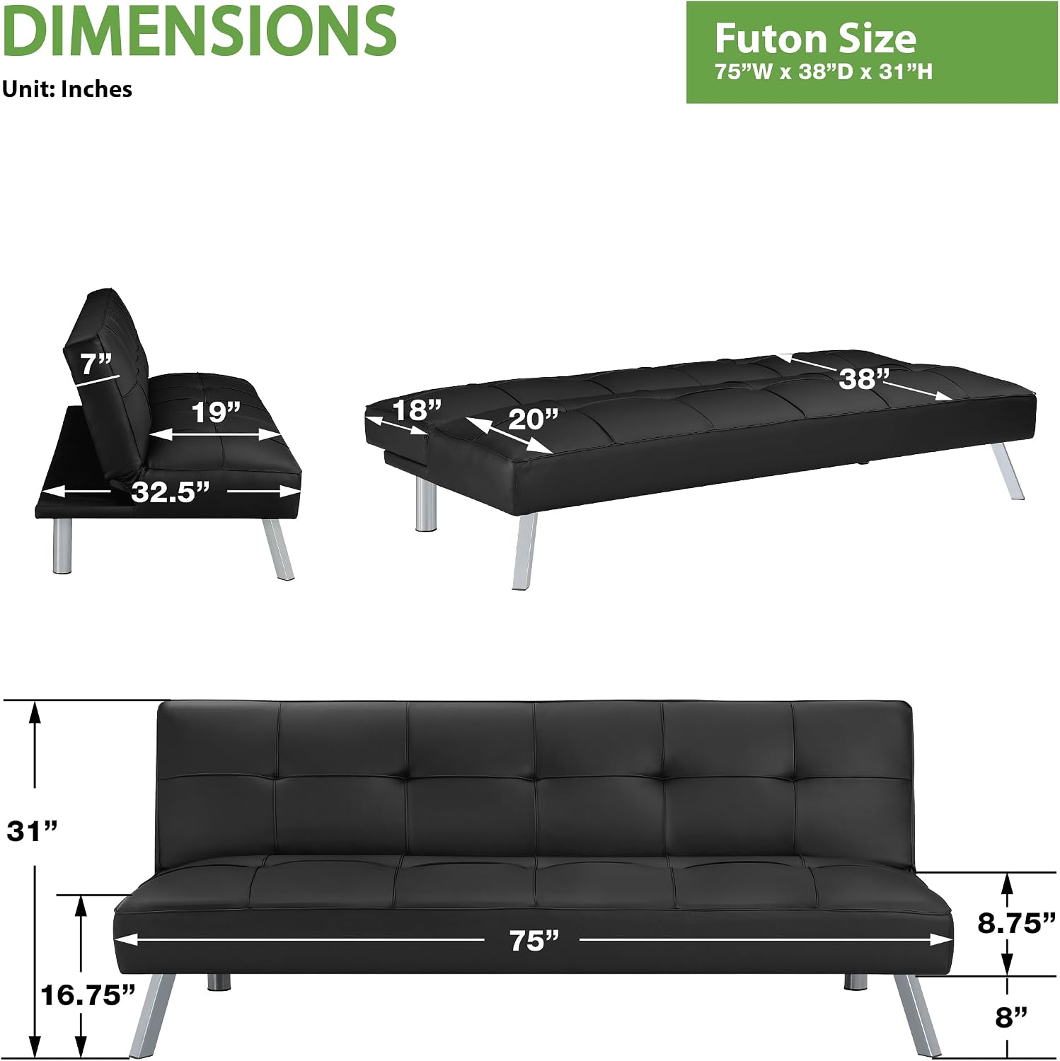 OSP Home Furnishings Kenneth Modern Button Tufted Convertible Click-Clack Futon Sofa Bed, Black Faux Leather with Chrome Legs