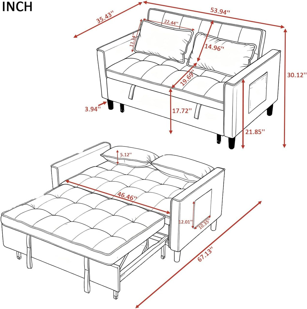 3 in 1 Convertible Sofa Bed, Love Seat Sleeper Bed with Side Pockets, PU Fabric Pull Out Couch with Adjustable Backrest for Living Room, Bedroom, Apartment, Brown