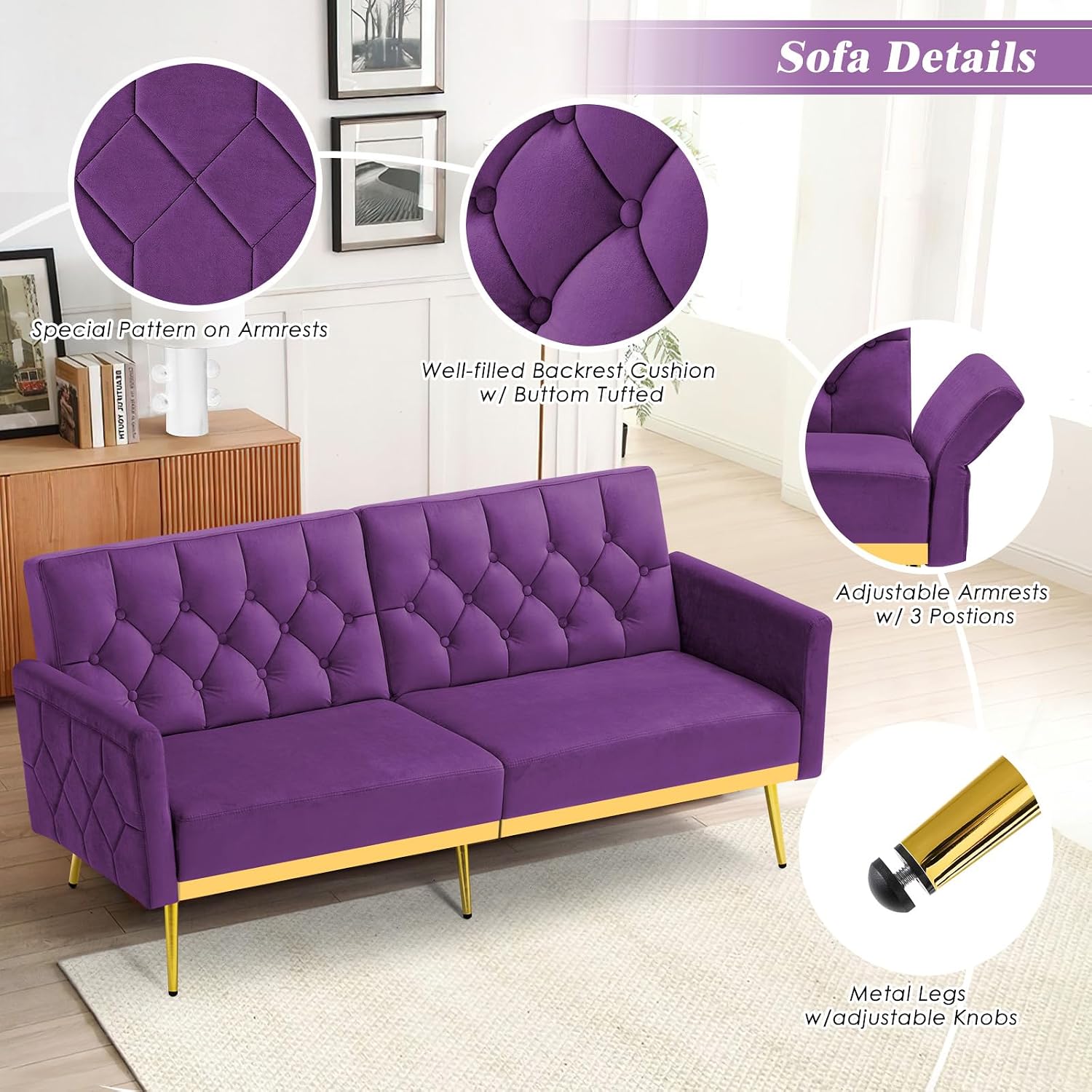 Velvet Sofa Bed w/Adjustable Armrests and Backrests, Modern Convertible Sleeper Sofa, Tufted Futon Sofa for Bedroom, Living Room, Apartment, Purple
