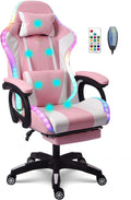 Gaming Chair with 7-Point Massage Function, Ergonomic Computer Chair with Footrest and Lumbar Support, Video Gaming Chair with RGB Lights and Speakers, Adjustable Backrest Swivel Chair,Pink