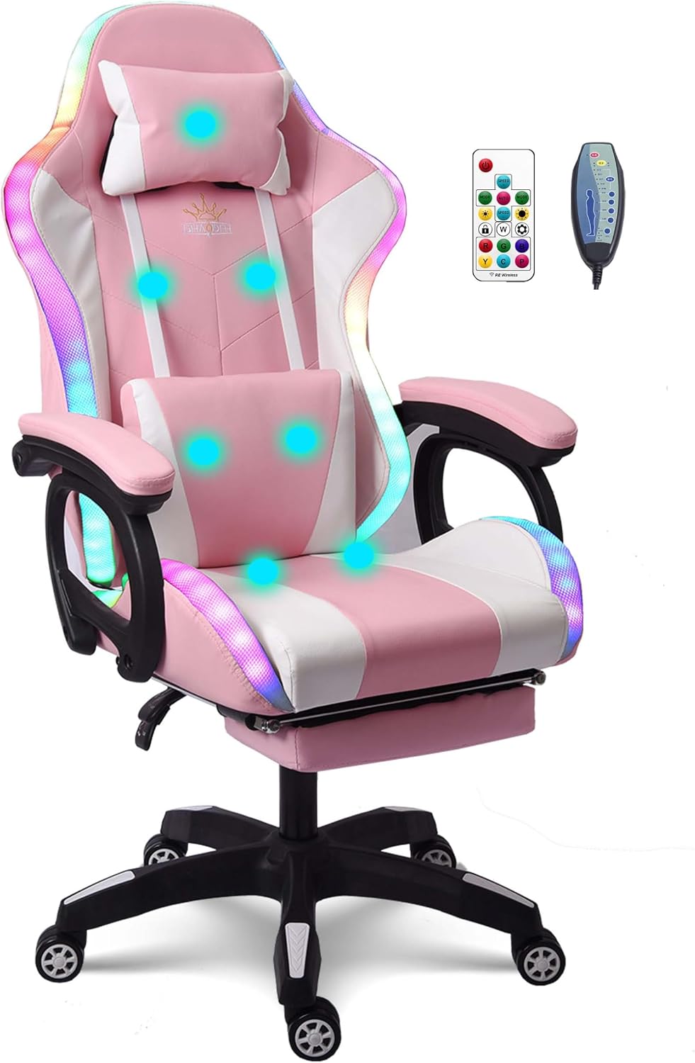 Gaming Chair with 7-Point Massage Function, Ergonomic Computer Chair with Footrest and Lumbar Support, Video Gaming Chair with RGB Lights and Speakers, Adjustable Backrest Swivel Chair,Pink
