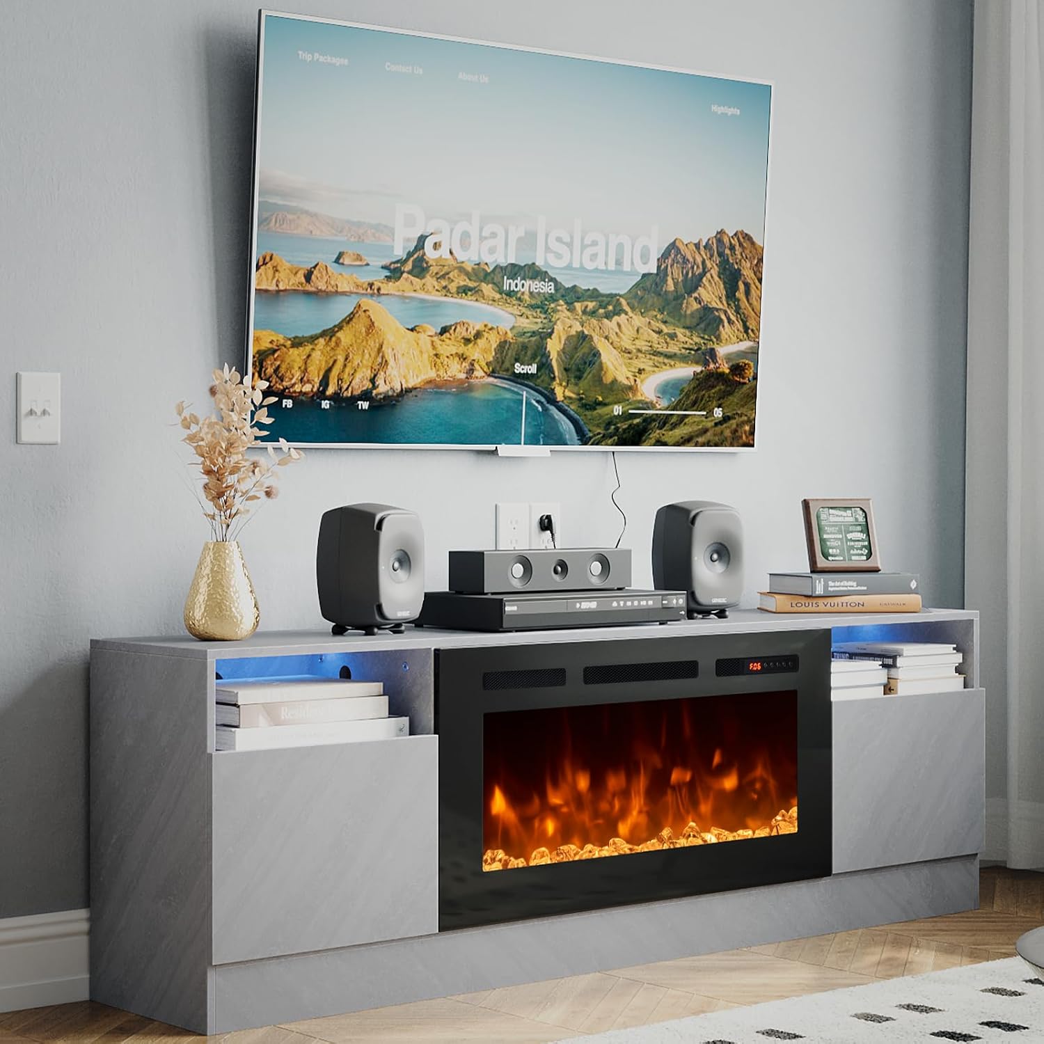 oneinmil Fireplace TV Stand with 36' Electric Fireplace, LED Light Entertainment Center, Modern Wood Texture Entertainment Stand with Highlight Storage Cabinet for TVs Up to 80', 70 inches, Grey