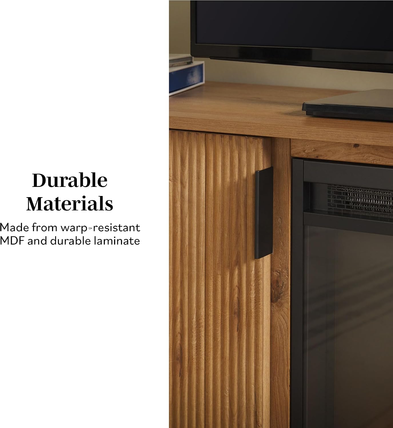 Walker Edison Arundo Reeded TV Stand with Fireplace & Storage, 70' Fireplace, English Oak