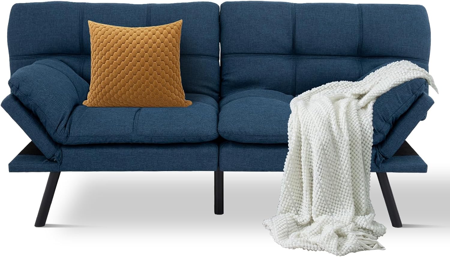 MUUEGM Futon Sofa Bed Convertible Couch,Memory Foam Futon Sofa Couch,Sleeper Futons Sofa Couches,Small Splitback Modern Loveseat Sofa Bed for Living Room,Office,Apartment,Linen Fabric,Blue.