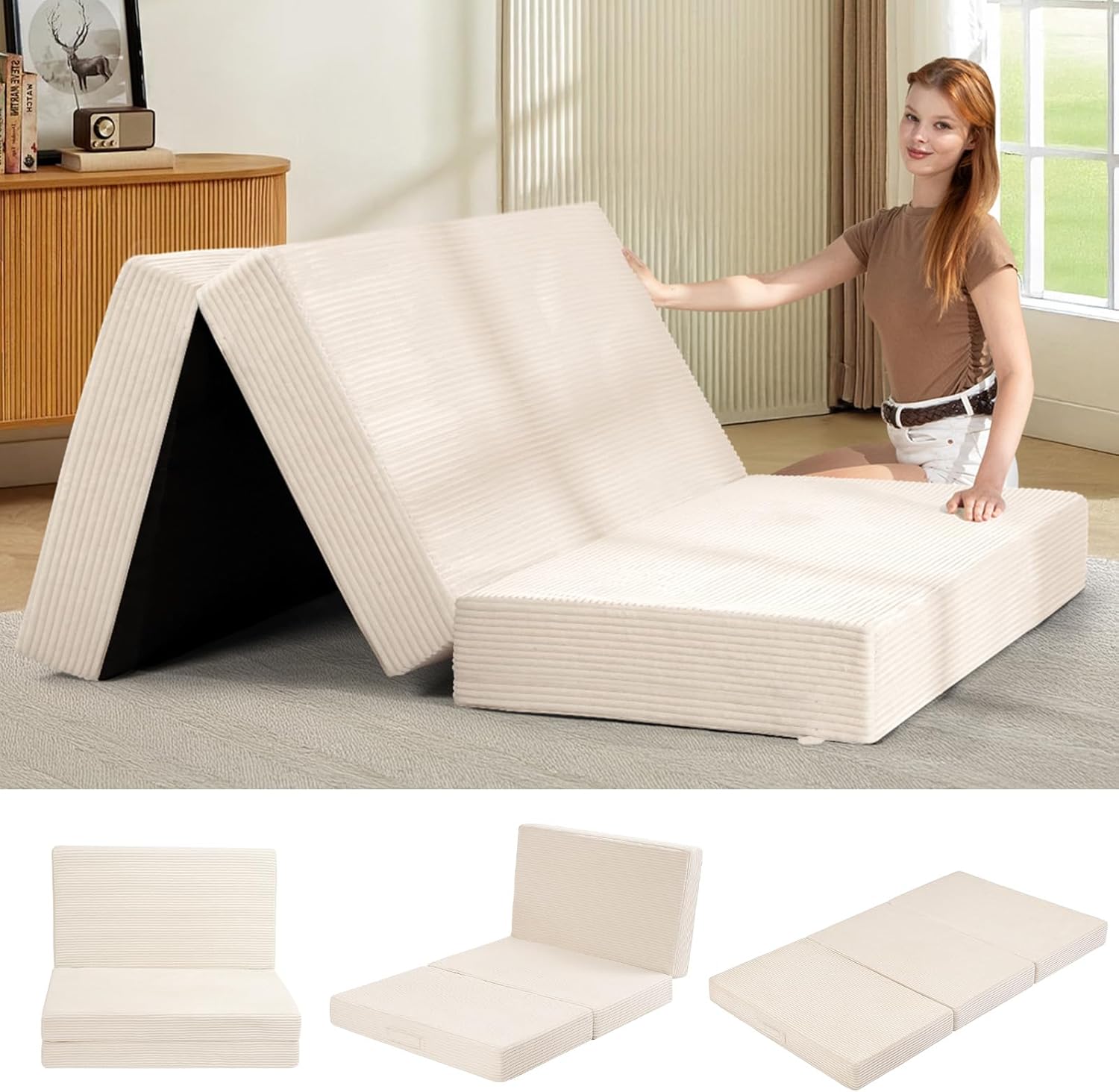 6-Inch Tri-Folding Mattress Full Size - Foldable Futon Sofa Bed with Removable Washable Cover, Folding Futon Mattress | Non-Slip Bottom & Carry Handles for Guest, Camping, Dorm