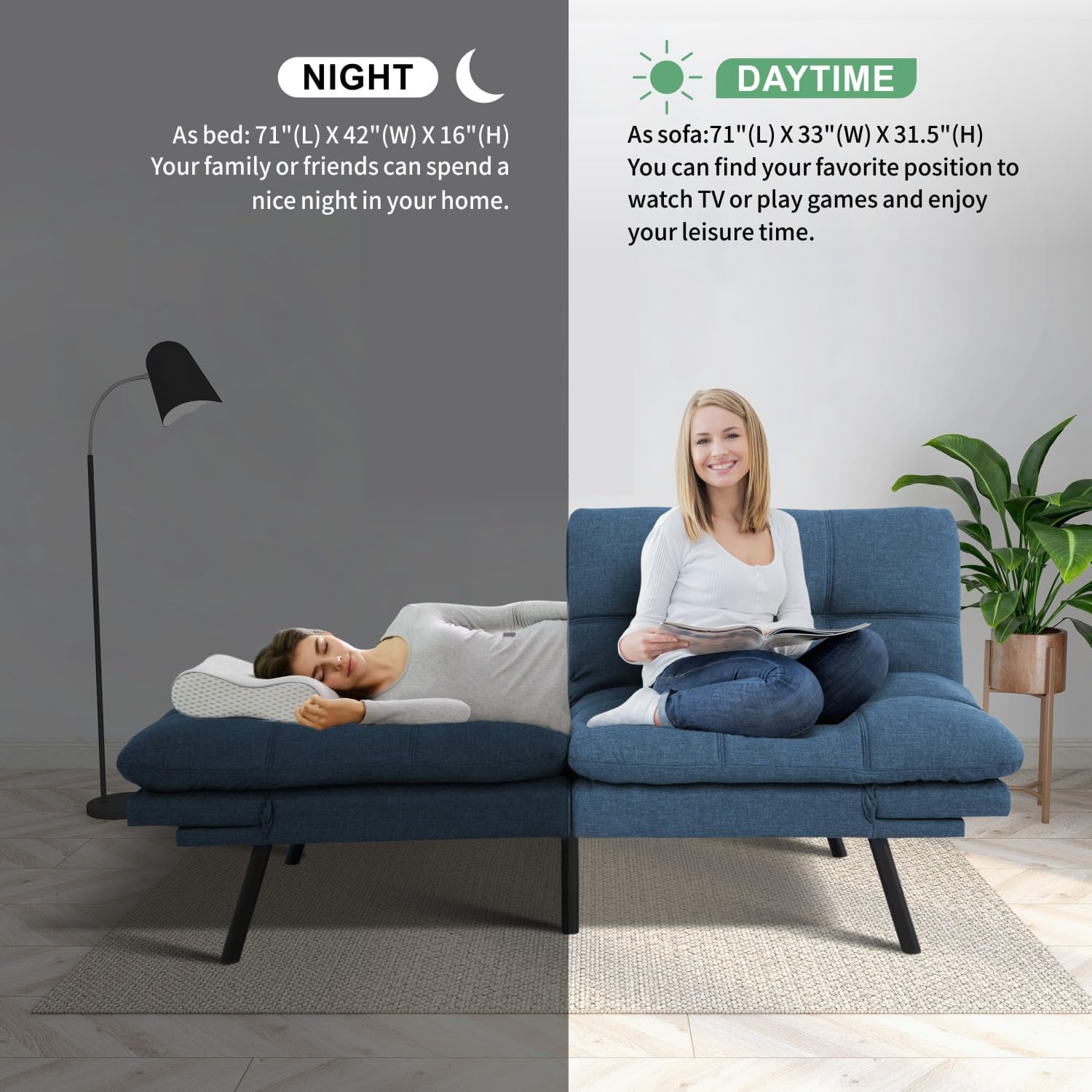 MUUEGM 71' Futon Sofa Bed, Convertible Couch Bed, Modern Loveseat with Adjustable Backrest&Armrest, Sofas for Living Room,Game Room,Dormitory,Office.Blue Fabric