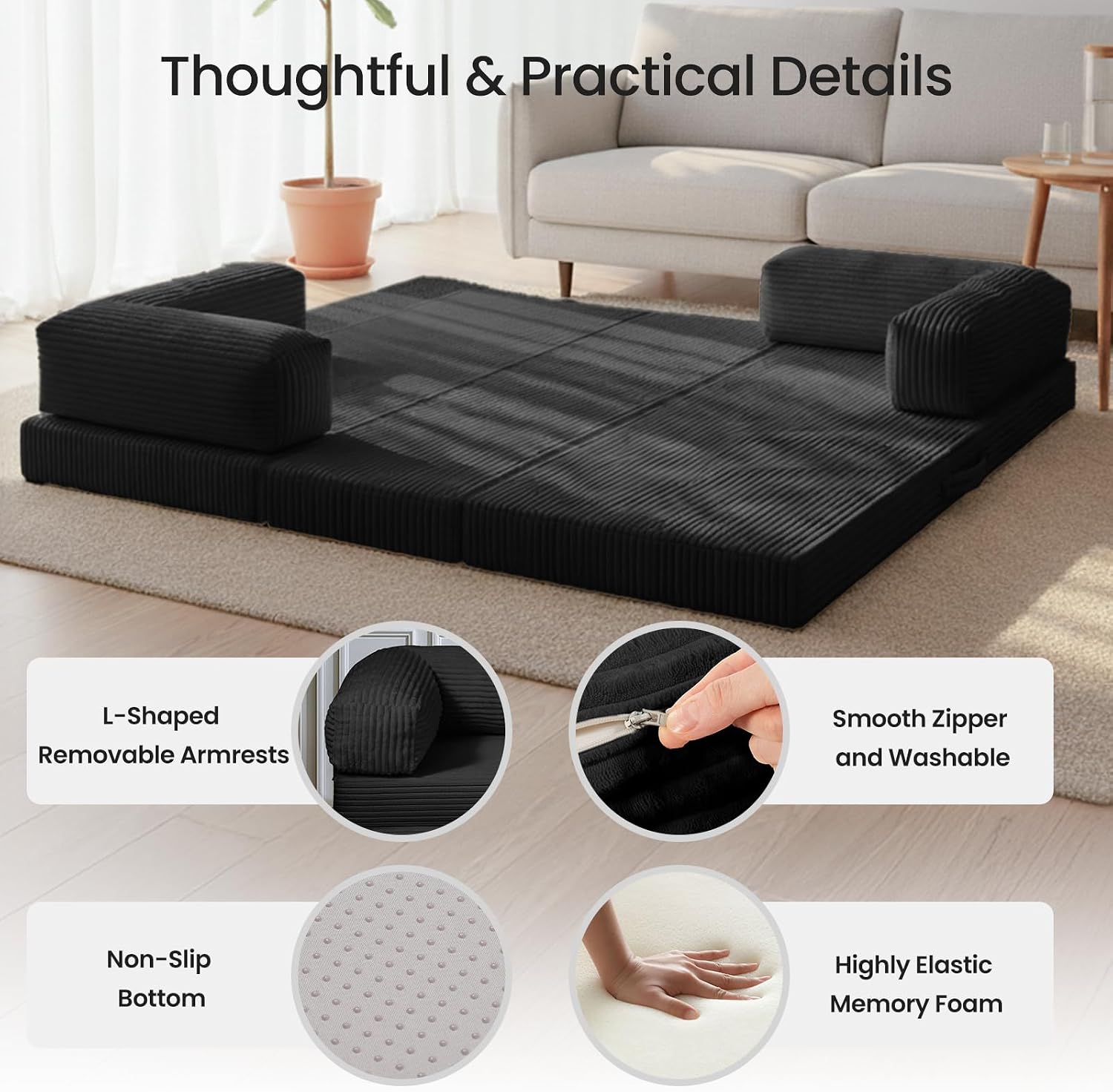 Tri-Fold Foldable Mattress, Convertible Folding Sofa Bed with Removable Arms & Washable Cover, All-in-One Portable Mattress Floor Sofa Bed, No Assembly Required & Non-Slip, Full Size, Black
