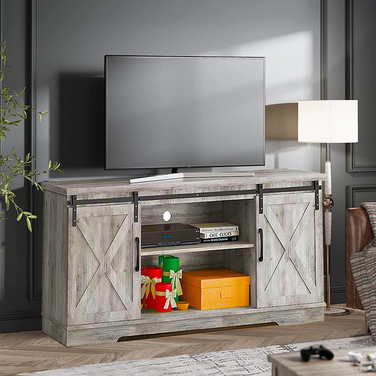 IDEALHOUSE TV Stand Farmhouse Entertainment Center for 65 Inch TV Media Console Cabinet, Gray Barn Doors TV Stand with Storage and Shelves, Modern TV Console Table Furniture (Gray)