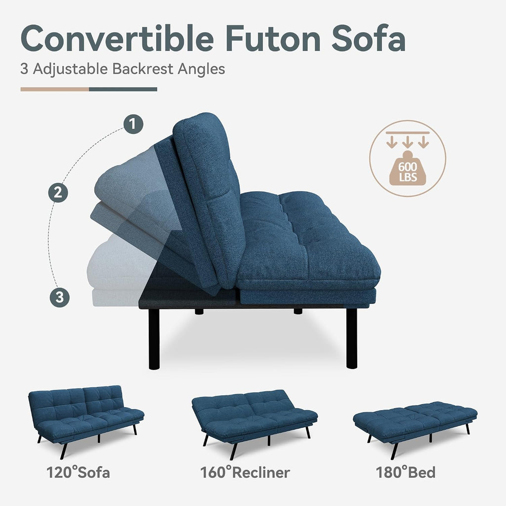 Futon Sofa Bed Convertible Couch, Blue Linen Sofa Bed with Memory Foam, Adjustable Backrest & Armrests, Multifunctional Small Loveseat Sleeper Sofa for Living Room, Apartment, Office