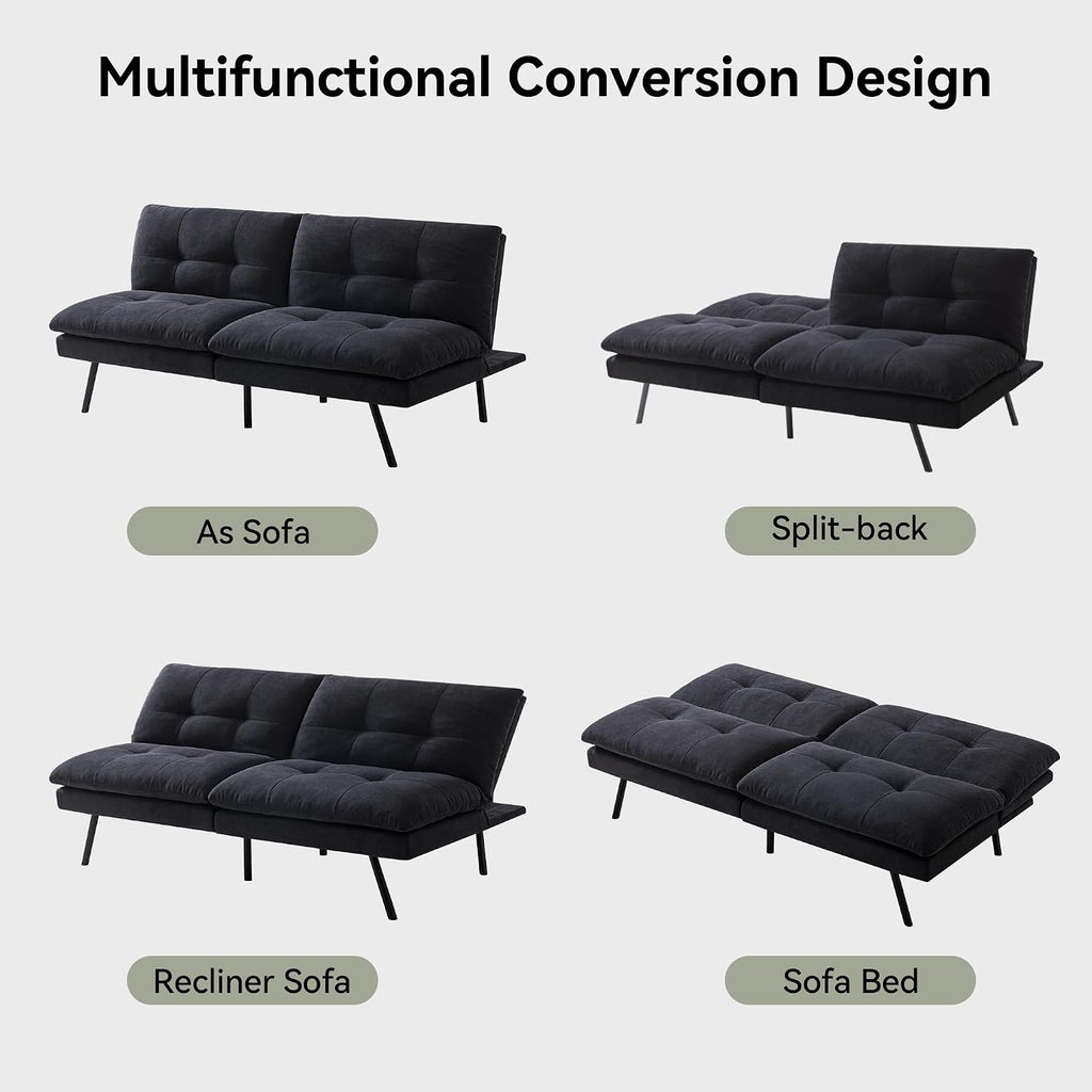 Convertible Futon Sofa Bed,Memory Foam Linen Fabric Futon Couch with Adjustable Backrest,Folding Loveseat Sleeper Recliner for for Living Room,Office,Apartment,Deep Black