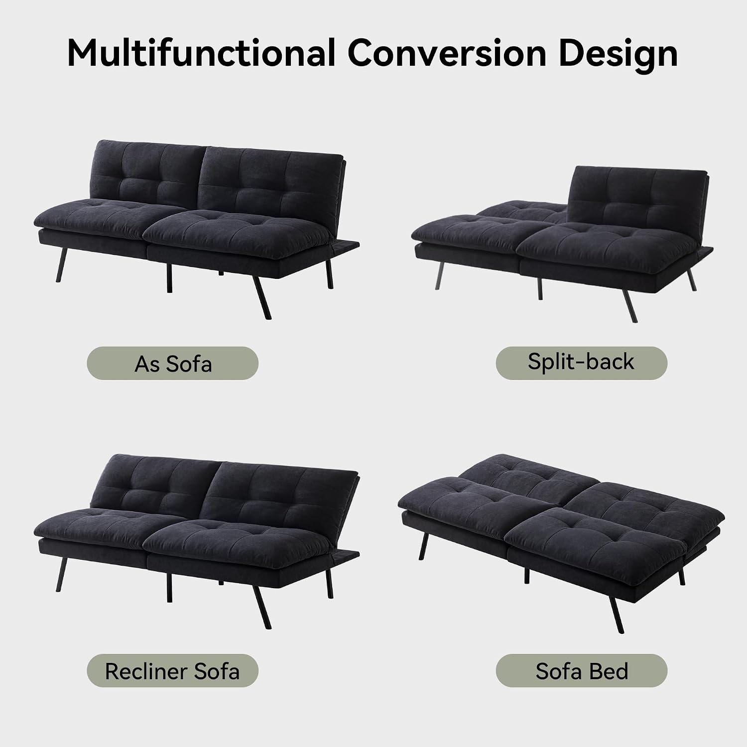 Convertible Futon Sofa Bed,Memory Foam Linen Fabric Futon Couch with Adjustable Backrest,Folding Loveseat Sleeper Recliner for for Living Room,Office,Apartment,Deep Black