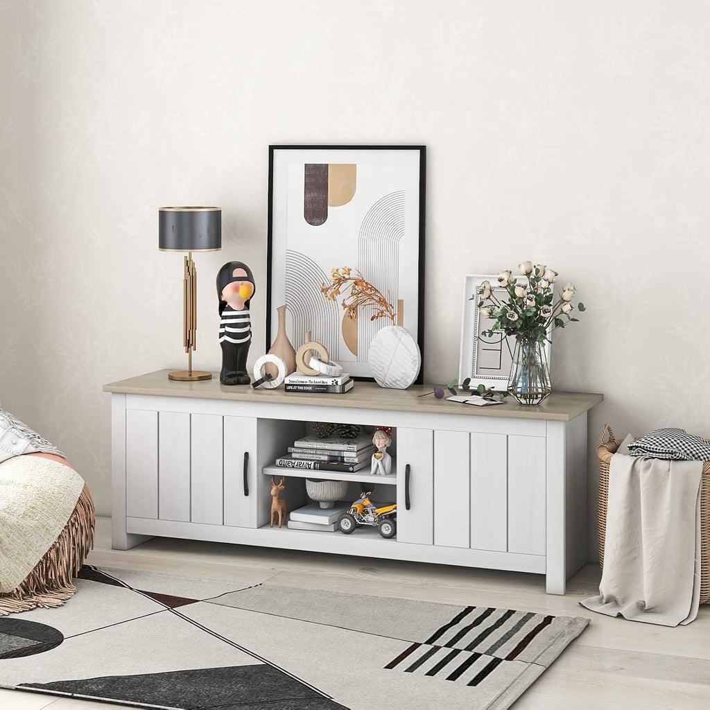 Tangkula 2 Doors TV Stand for TVs up to 65', 57' Media Console Table w/ 2 Cabinets & Open Shelves, 2 Cable Management Holes. Wood Entertainment Center Cabinet for Living Room (White Oak)