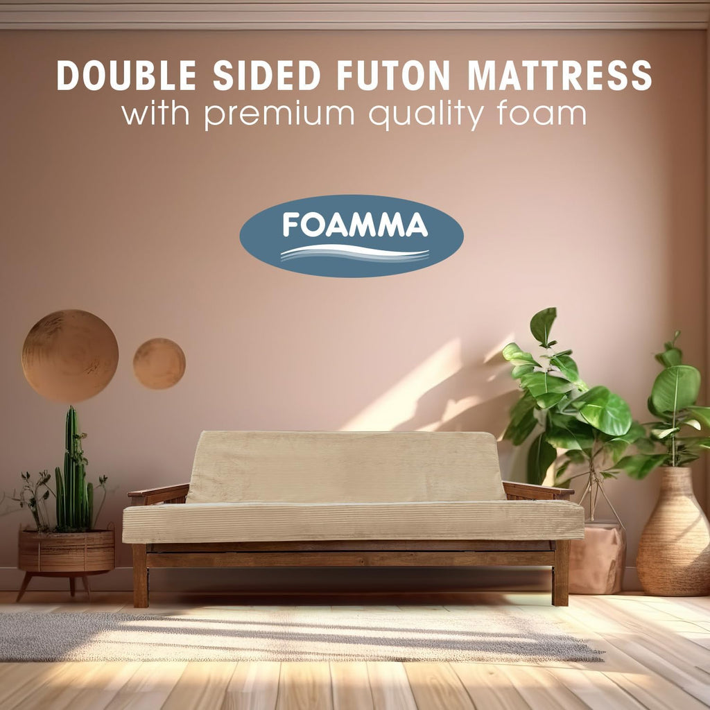 Foamma Memory Foam Futon Mattress, Double-Sided Foldout Couch Futon Mattress, 6' x 54' x 80' Full XL (Beige), Corduroy Fabric - Heavy Duty Sofa Bed, Thick Corded Cushion (Frame NOT Included)