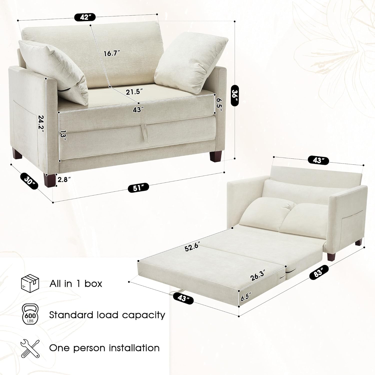 Myroyalsit 51' Convertible Sofa Bed, 2 in1 Folding Sofa Bed, Loveseat Sleeper Sofa for Small Spaces, Fold Out Floor Couch with 2 Pillows for Apartment, Living Room & Guest Room, Beige Chenille Fabric