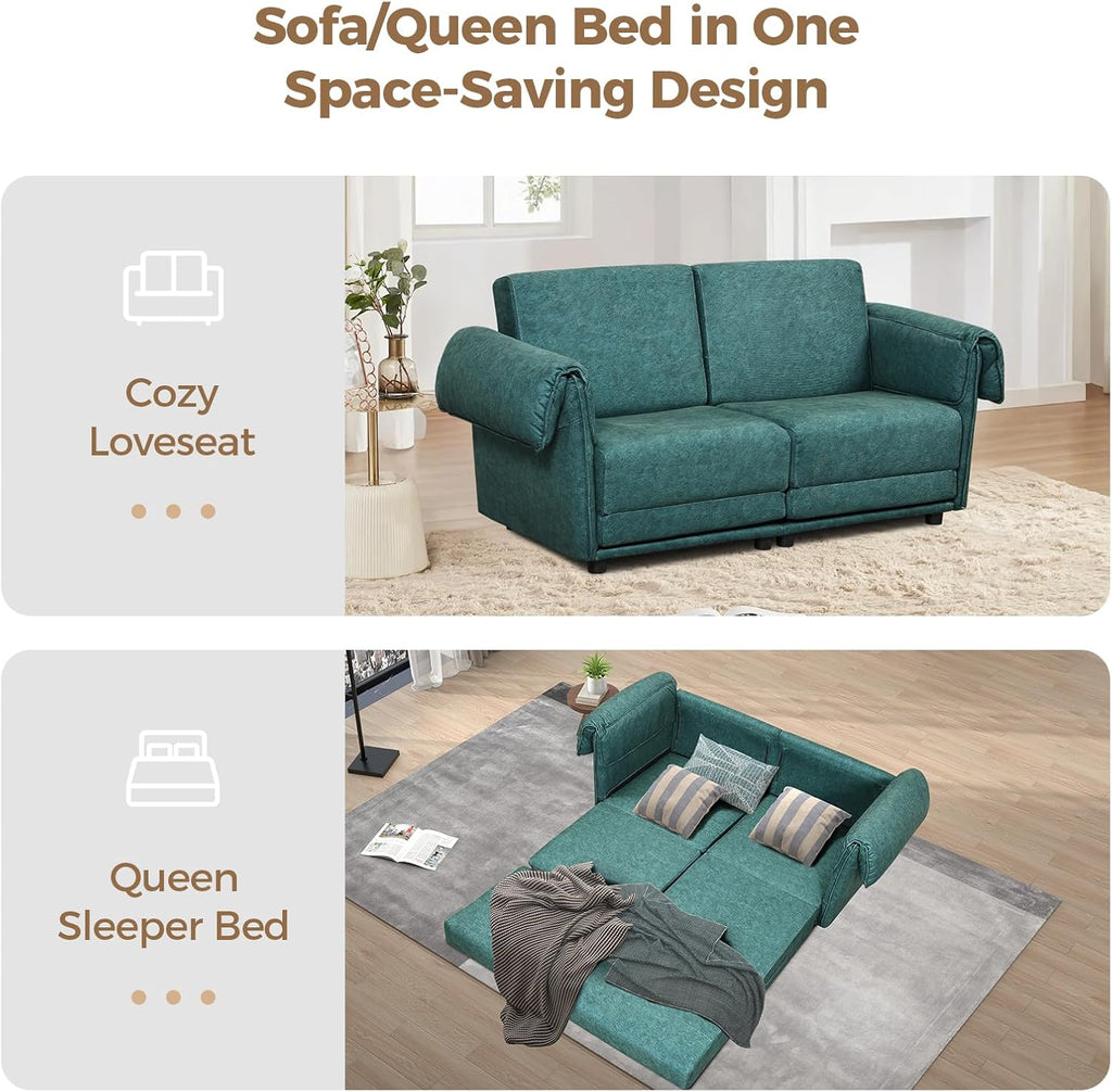 FHFO Convertible Couch Bed Queen, 65' Loveset Small Couch for Small Spaces, 3 in 1 Pull Out Sofa Bed Convertible Sleeper Sofa Comfy Sofabed for Living Room, Bedroom, Apartment (Green)