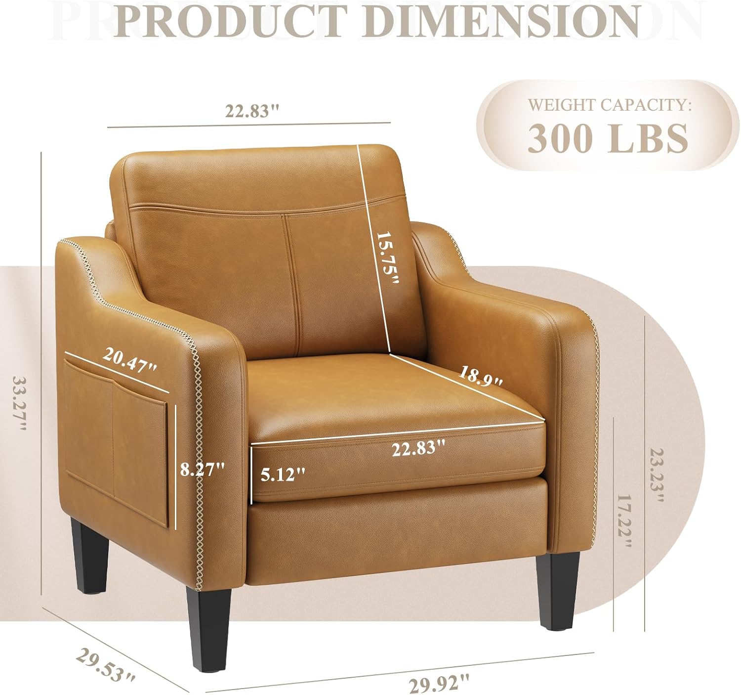 MALOL PU Leather Accent Chair, Mid-Century Modern Living Room Armchair Sofa with Removable Cushions, Solid Wood Frame & Stitched Armrest Design, Bedroom Chair with Plastic Legs, Brown