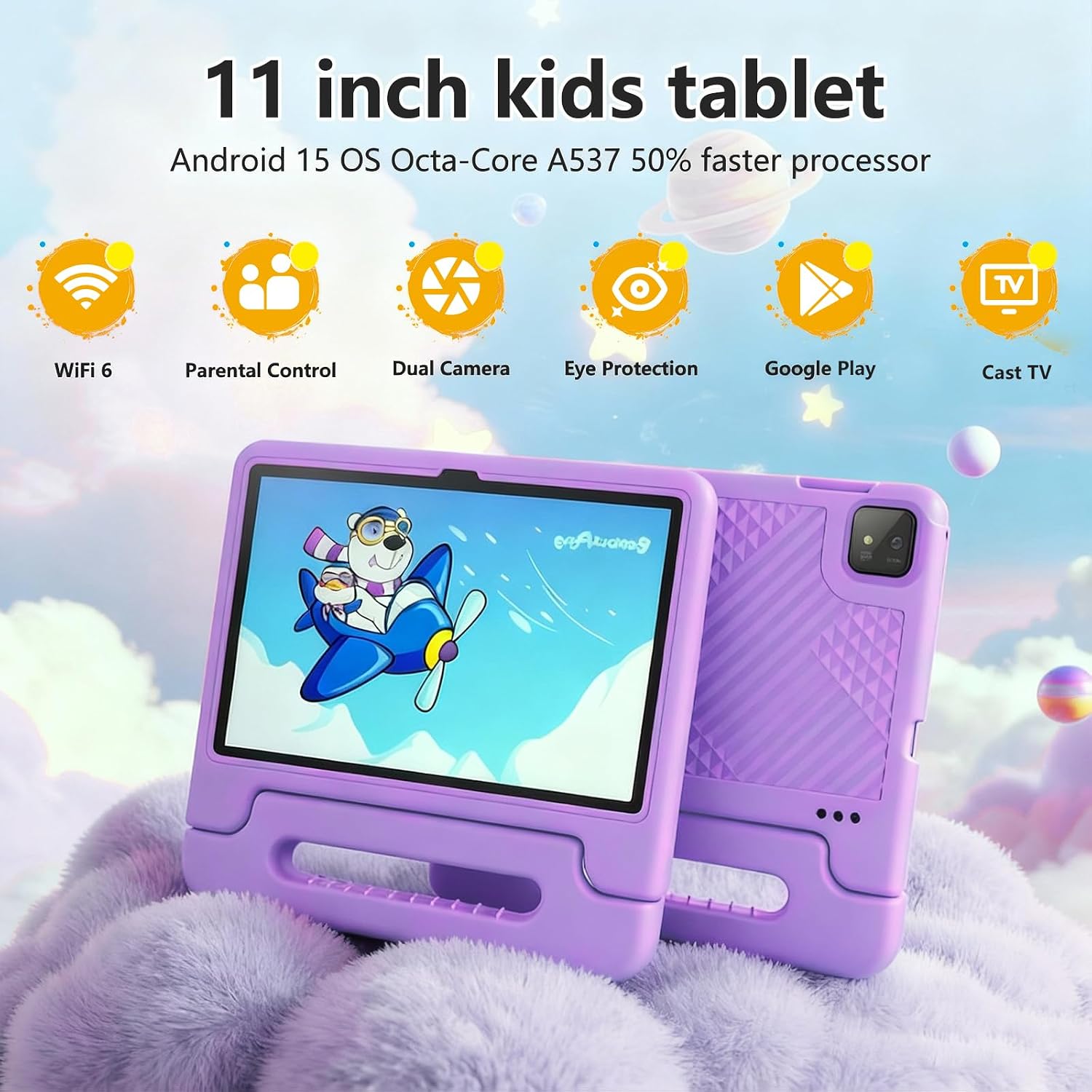 NRKDUBQ Kids Tablet 11 inch Android 15 20GB + 128GB Octa-Core 8000mAh Todder Tablet with Drop-Proof Case, Parental Control, WiFi 6 and Bluetooth, Purple