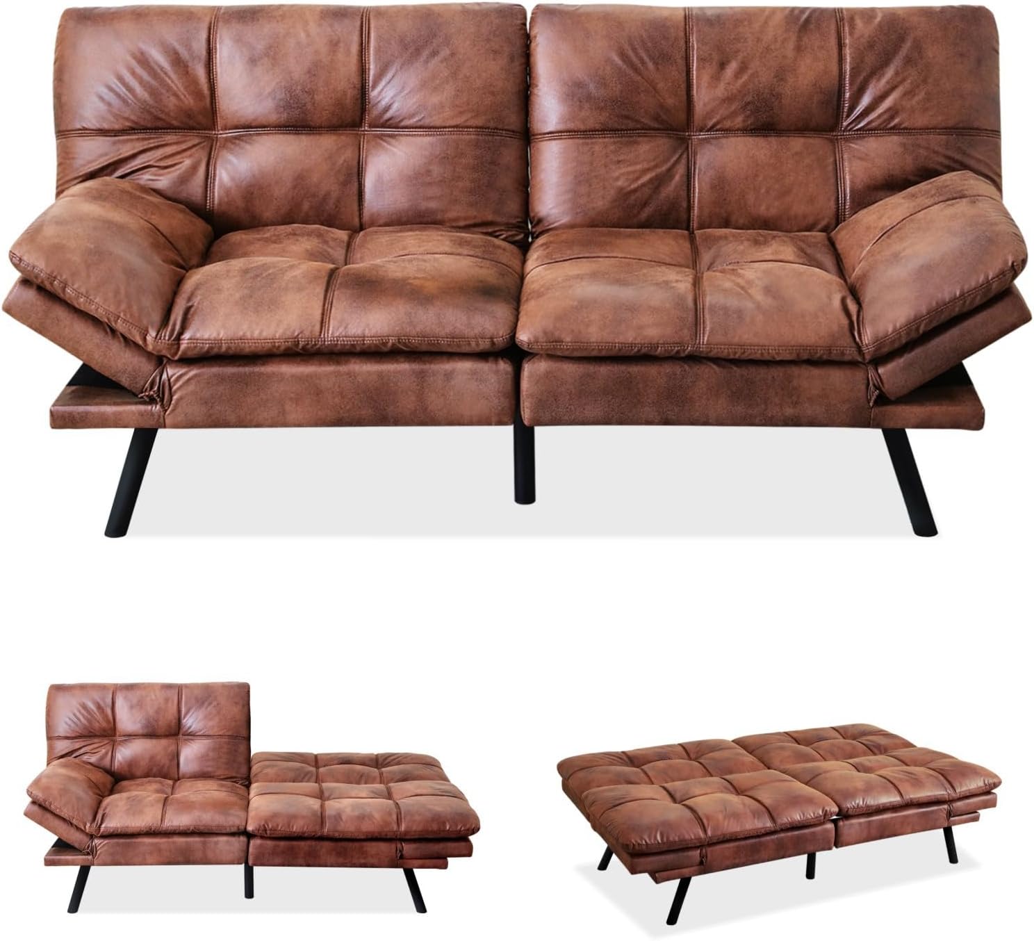 MUUEGM 71' Convertible Futon Sofa Bed, Upholstered Small Futon Couches with Adjustable Backrest, Loveseat Sleeper Bed for Compact Living Room Studio Office (Saddle Brown)