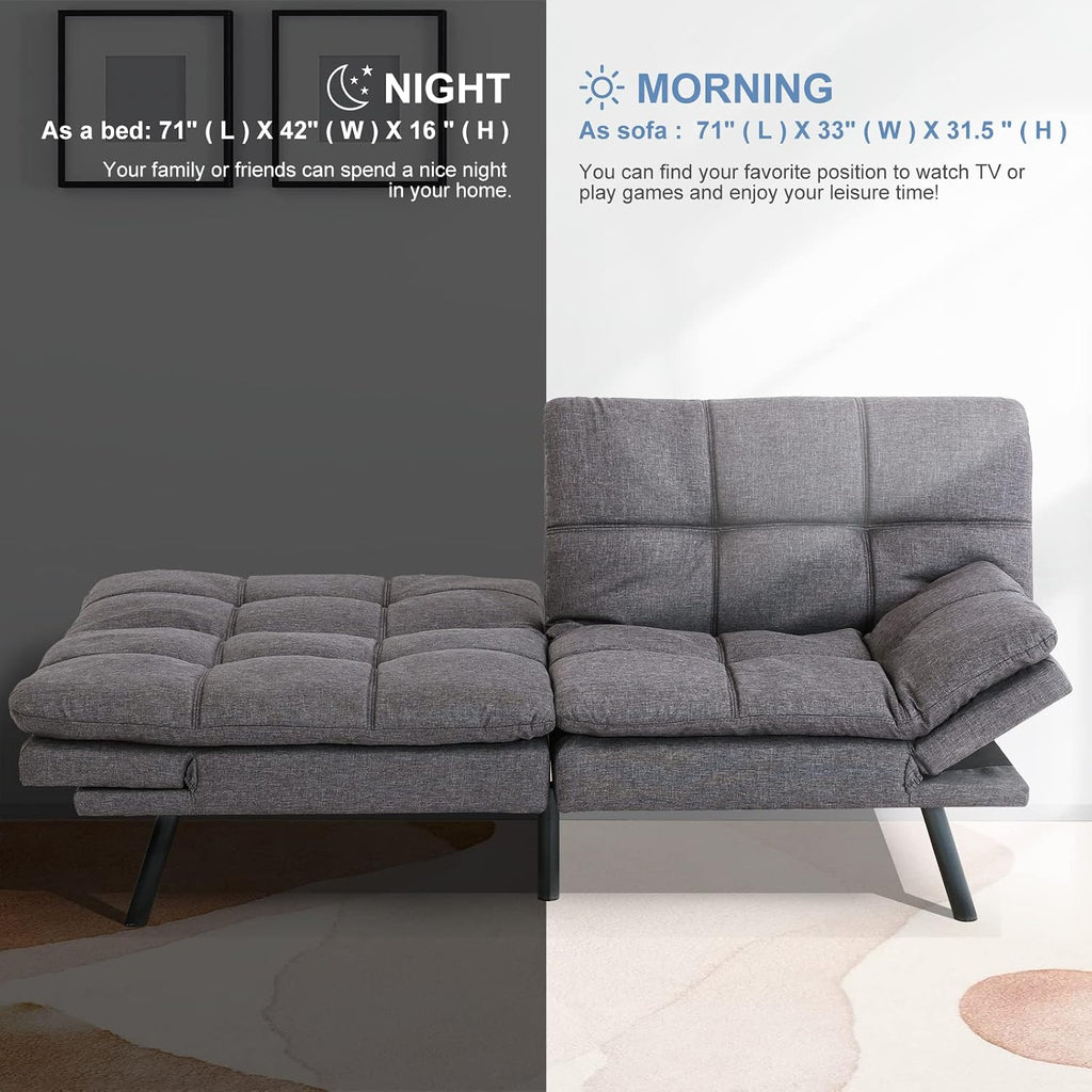 MUUEGM Futon Sofa Bed Convertible Futon Couch Sleeper,Memory Foam Modern Love seat,Small Splitback Sofa with Adjustable Armrests Backrests for Living Room,Compact Space,Office,Apartment,Dorm,71',Grey