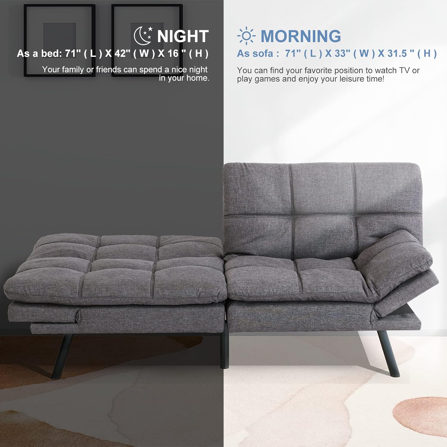 MUUEGM Futon Sofa Bed Convertible Futon Couch Sleeper,Memory Foam Modern Love seat,Small Splitback Sofa with Adjustable Armrests Backrests for Living Room,Compact Space,Office,Apartment,Dorm,71',Grey