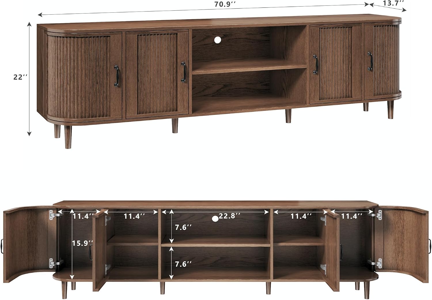 HUAHUU TV Stand for 75 inch TV, Mid Century Modern Entertainment Center for 55/60/65/75 inch TV, with Fluted Door Cabinets & Open Shelves, TV Consoles, Walnut