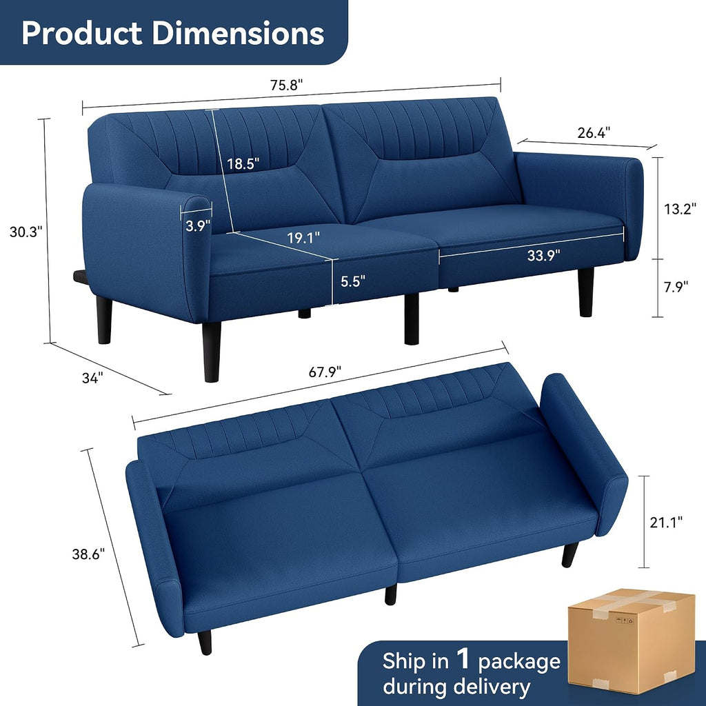 Futon Sofa Bed,75.8' Linen Fabric Comfy Futon Couch Bed,3 Seater Convertible Sleeper Sofa with Adjustable Backrests,Modern Folding Loveseat for Living Room,Office,Apartment,Bedroom,Blue