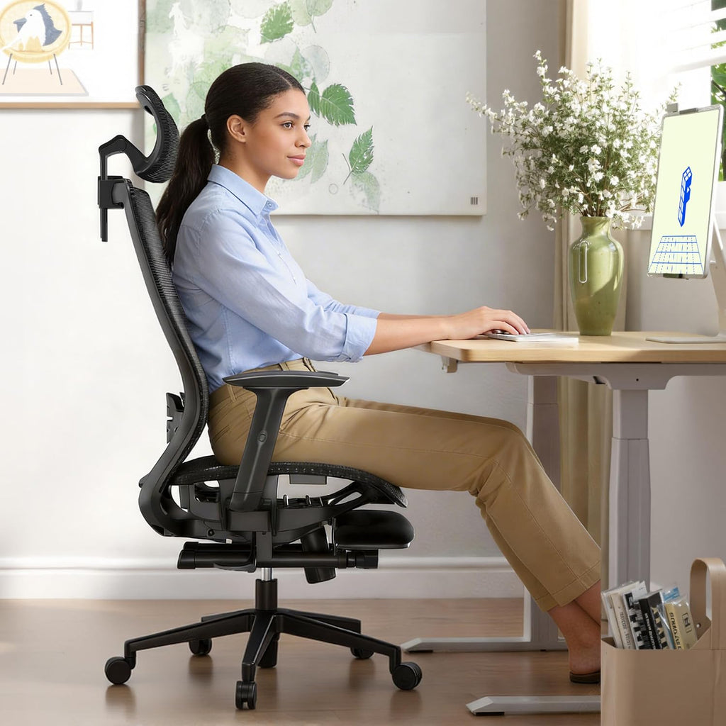 FLEXISPOT OC3 Air Ergonomic Office Chair with Footrest, High Back Computer Chair with Adjustable Lumbar Support/3D Headrest, Desk Chairs for Home Office Gaming Working, Black,Mesh Seat,Air-F