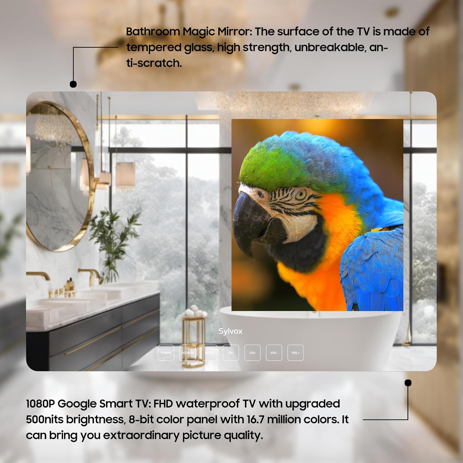 SYLVOX 24'' Smart TV Bathroom Magic Mirror Waterproof LED TV 1080P 500NITS High Brightness Dual Front Speakers Wall mounting Suitable for Bathrooms,Hotels,Saunas
