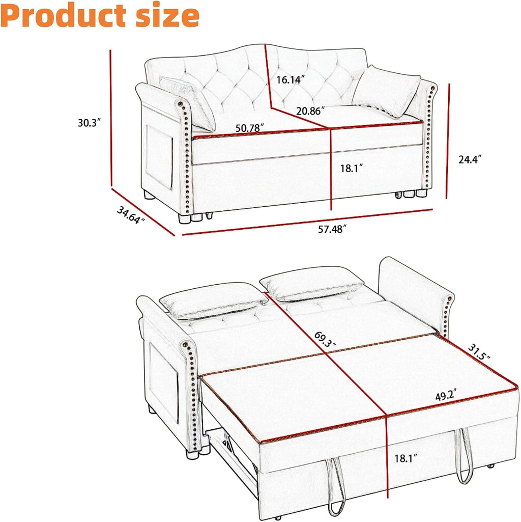 oaaktu 57-Inch Velvet Full Size Sleeper Sofa Couch with Pullout Bed,Convertible Pull Out with Golden Decorative Strip and Adjustable Backrest for Small Spaces,Apartment, Guest Room, RV (Beige)