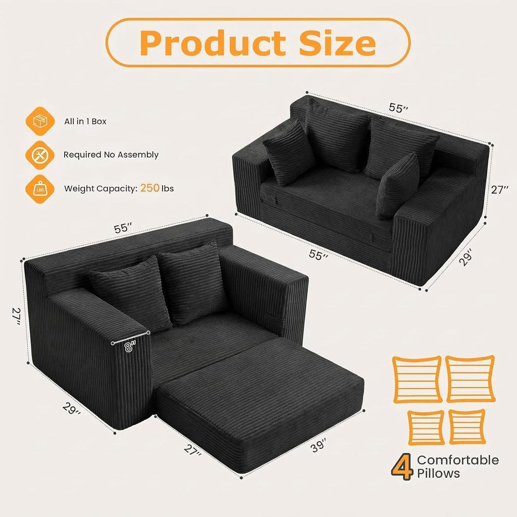 55' Small Boneless Couch, 3-in-1 Boneless Loveseat Sleeper Sofa Bed Convertible Sofa Bed with 4 Pillows, Black Corduroy Boneless Couch for Living Room, Guest Room, Small Space, No Assembly Required