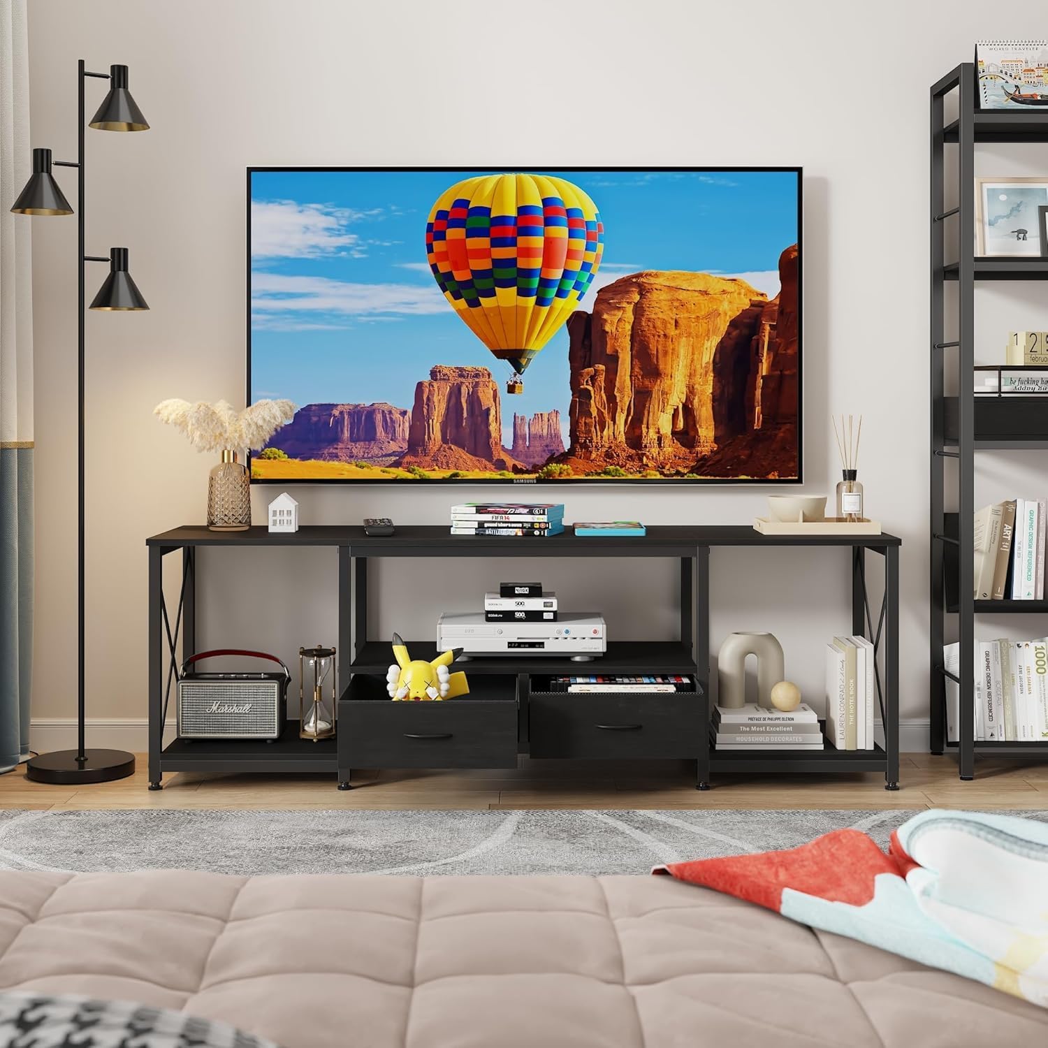 GYIIYUO TV Stand with Fabric Drawer for 50 55 Inches TV - Entertainment Center and Industrial TV Console Table with Open Storage Shelves for Living Room, Bedroom - 47' Black