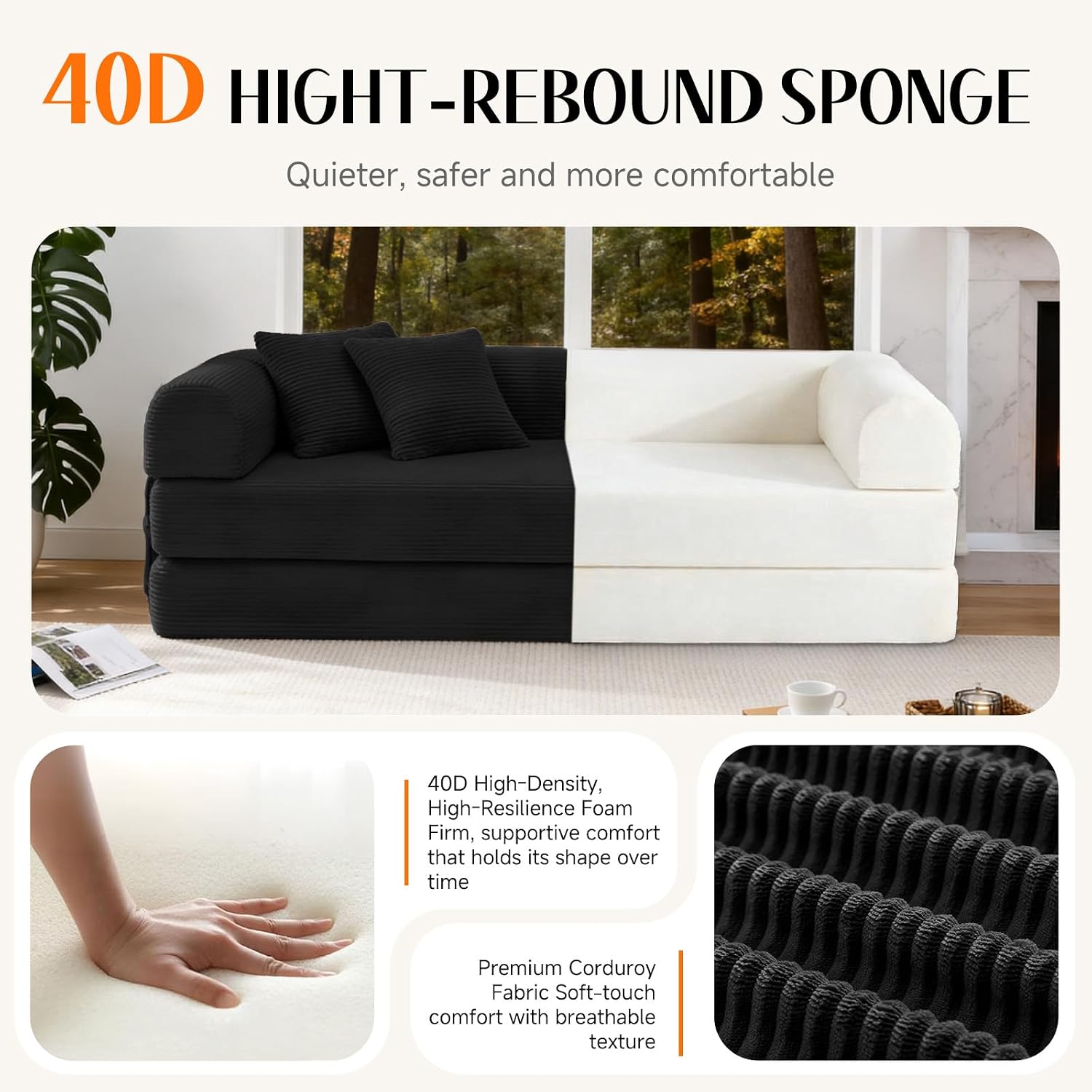 79' Corduroy Sofa Bed, Boneless Couch in a Box with 2 Pillows, High-Density Foam 4-in-1 Foldable Sleeper Futon Loveseat for Small Spaces, No Assembly,Black
